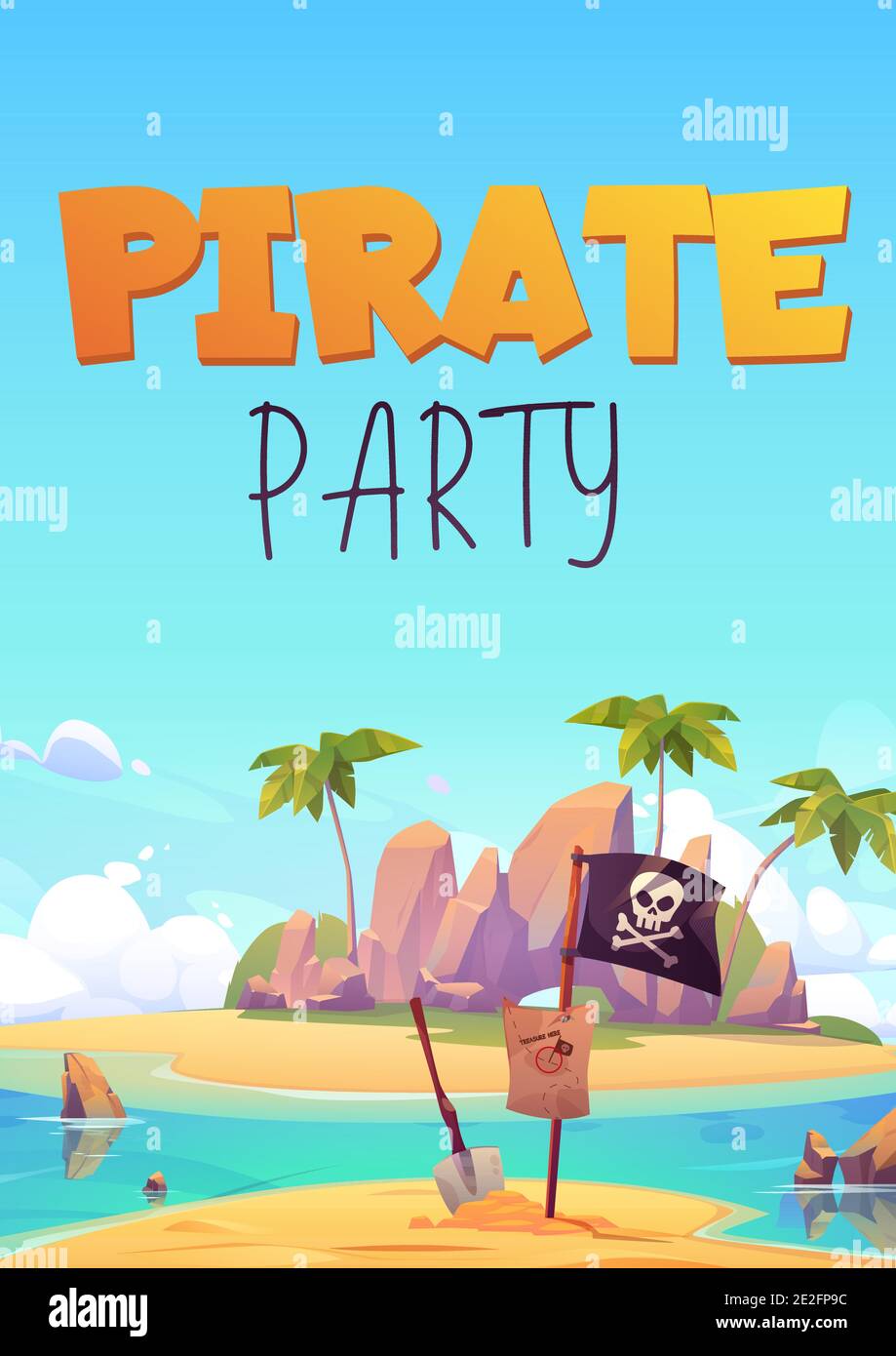 Pirate party flyer, invitation for kids adventure game or costume party.  Vector poster with cartoon illustration, image size:919x1390