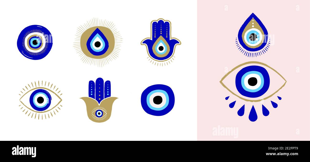 Evil eye or Turkish eye symbols and icons set. Modern amulet design and home decor idea Stock Vector