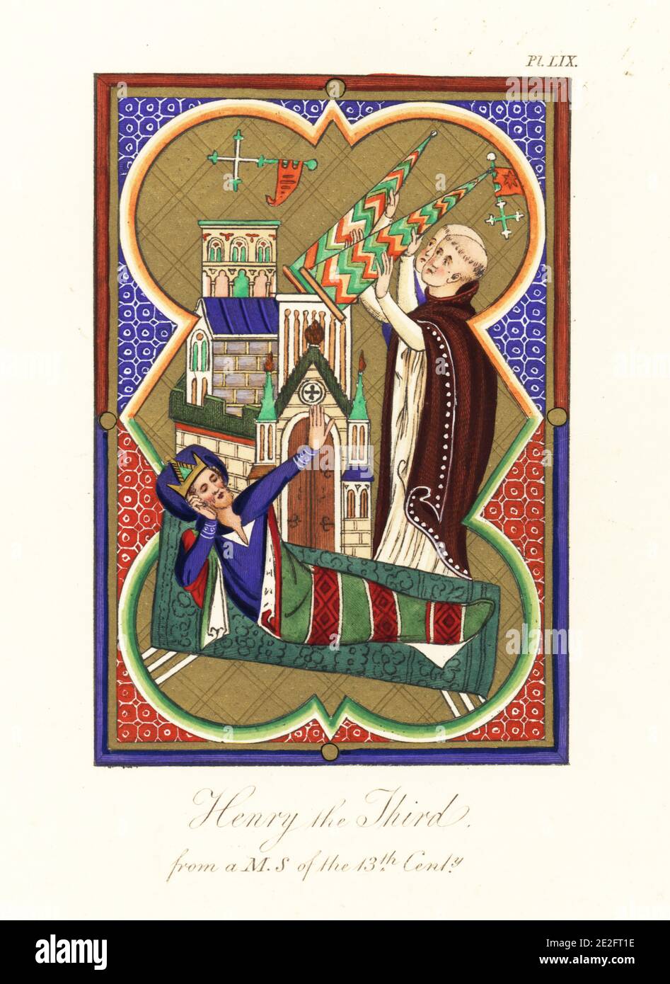 King Henry III of England in bed dreaming of friars Dominic and Francis supporting the collapsing Basilica of Saint John Lateran in Rome. (British Library identifies the sleeping figure as Pope Innocent III.) From a Psalter Hours with calendar in Latin, Harley MS 2356, f.8v. Handcoloured engraving by Joseph Strutt from his Complete View of the Dress and Habits of the People of England, Henry Bohn, London, 1842. Stock Photo