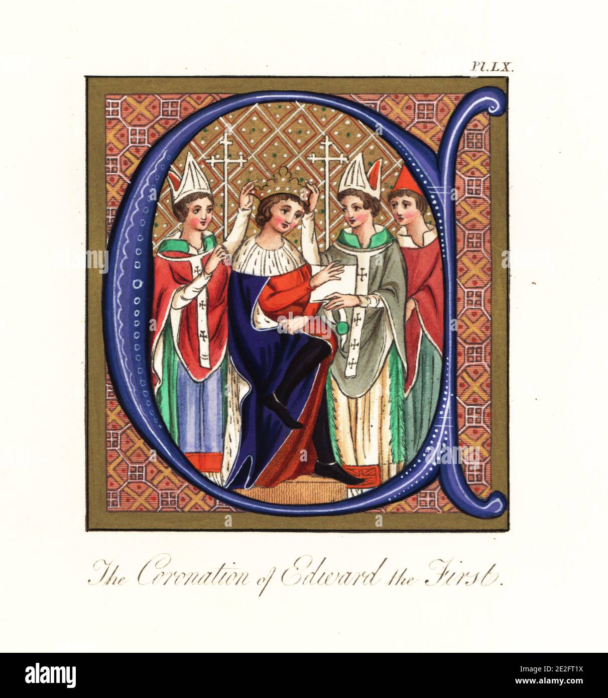 The coronation of King Edward I of England, Edward Longshanks or the Hammer of the Scots, in 1274. The king is seated on a throne while bishops place a crown on his head. From an initial in an illuminated manuscript, Statua Antiqua, Harley MS 926. Handcoloured engraving by Joseph Strutt from his Complete View of the Dress and Habits of the People of England, Henry Bohn, London, 1842. Stock Photo