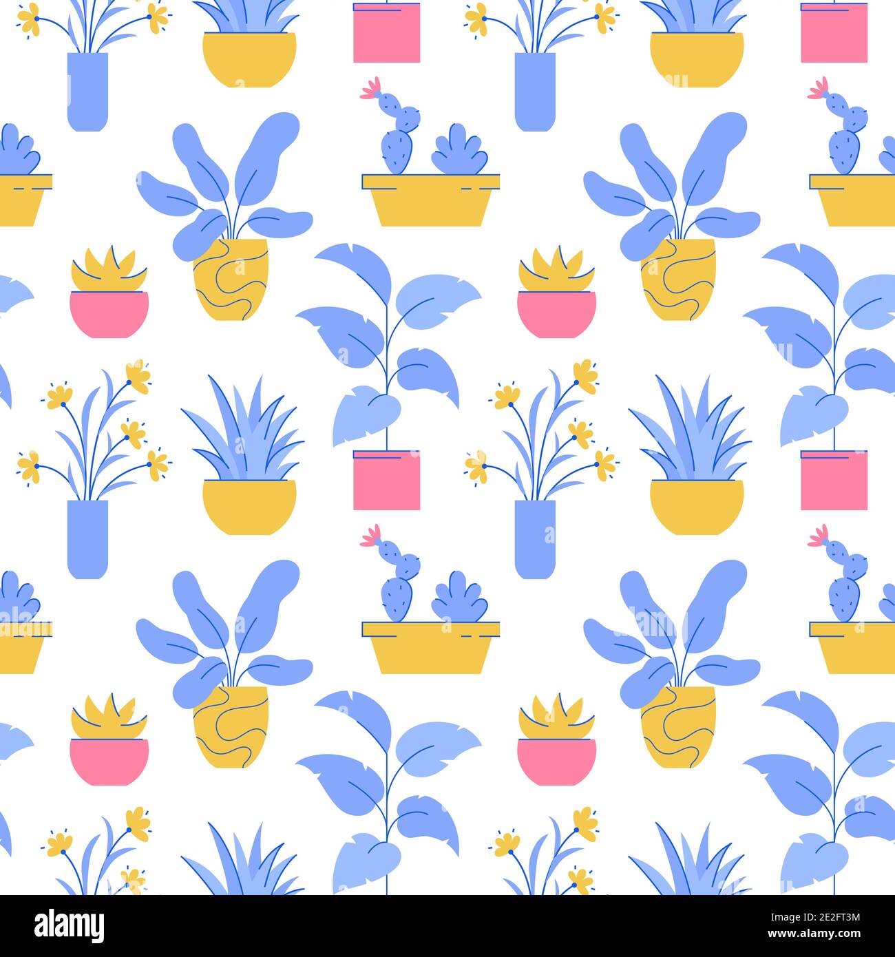 Houseplant seamless pattern. Vector background with different potted plants. Stock Vector