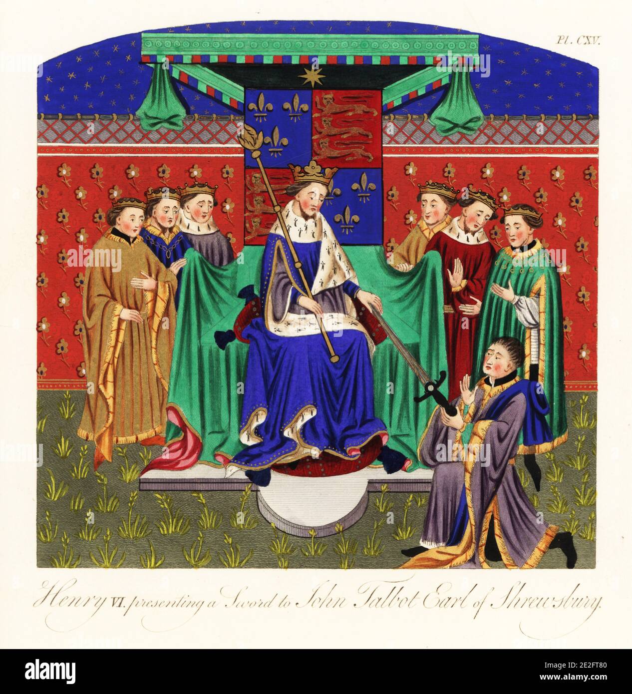 King Henry VI of England presenting a sword to John Talbot, 1st Earl of Shrewsbury, on his appointment to Constable of France. The king on his armorial throne in ermine robes with crown and sceptre, 15th century. From Christine de Pisan, Des fais d'armes et de chevalerie, f.405r, Talbot Shrewsbury Book, Royal MS 15 E vi, British Library. Handcoloured engraving by Joseph Strutt from his Complete View of the Dress and Habits of the People of England, Henry Bohn, London, 1842. Stock Photo