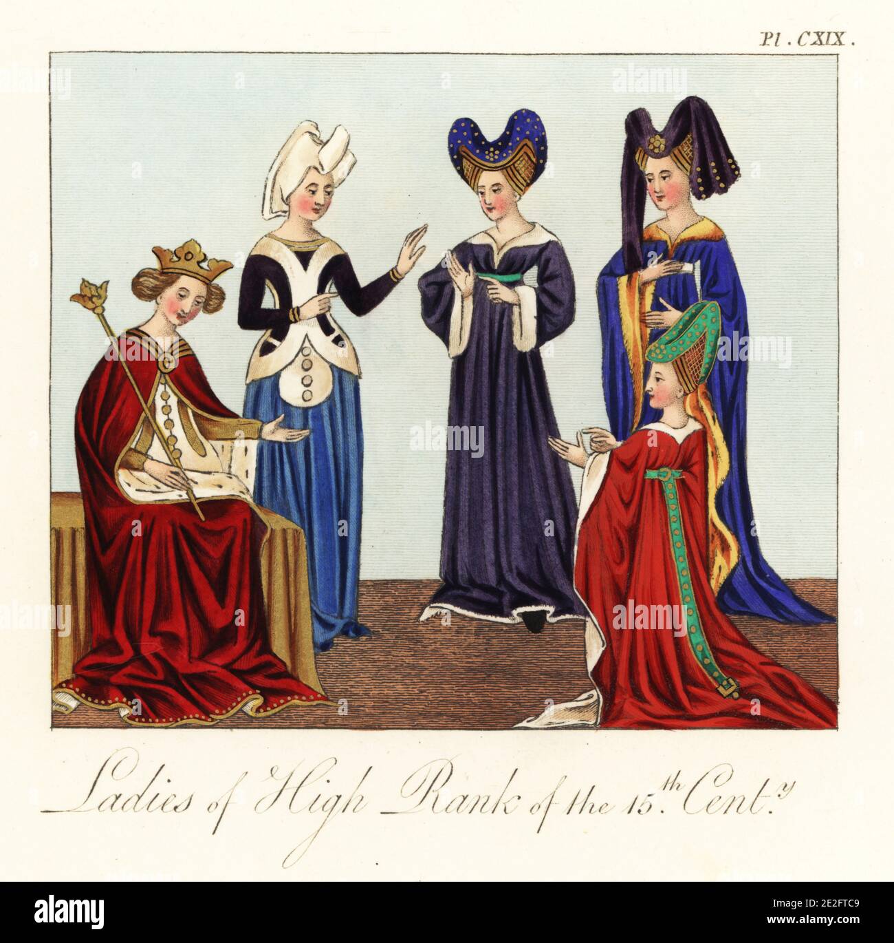 Margaret of Anjou, Queen of Henry VI of England, in ermine mantle with crown and sceptre, and noblewomen courtiers in butterfly hennin or escoffion headwear and wide-sleeved robes, 15th century. Marguerite from f.2v, dedicatory verses, and ladies from f.403r, Alain Chartier, Breviaire des nobles, of the Talbot Shrewsbury Book, Royal MS 15 E vi, British Library. Handcoloured engraving by Joseph Strutt from his Complete View of the Dress and Habits of the People of England, Henry Bohn, London, 1842. Stock Photo
