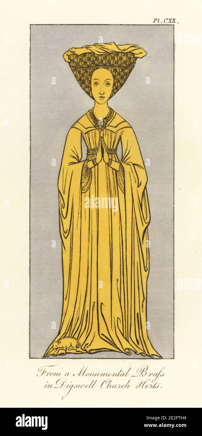 Lady Joan Peryent, in escoffion, died 1415. Chief Lady in Waiting to Queen Joan of Navarre, second wife of King Henry IV of England From a monumental brass in St. John the Evangelist Church, Digswell, Hertsfordshire. Handcoloured engraving by Joseph Strutt from his Complete View of the Dress and Habits of the People of England, Henry Bohn, London, 1842. Stock Photo