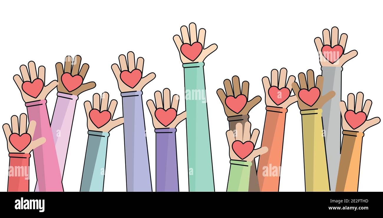 Hands with hearts. Vector illustration. Volunteering and donating ...