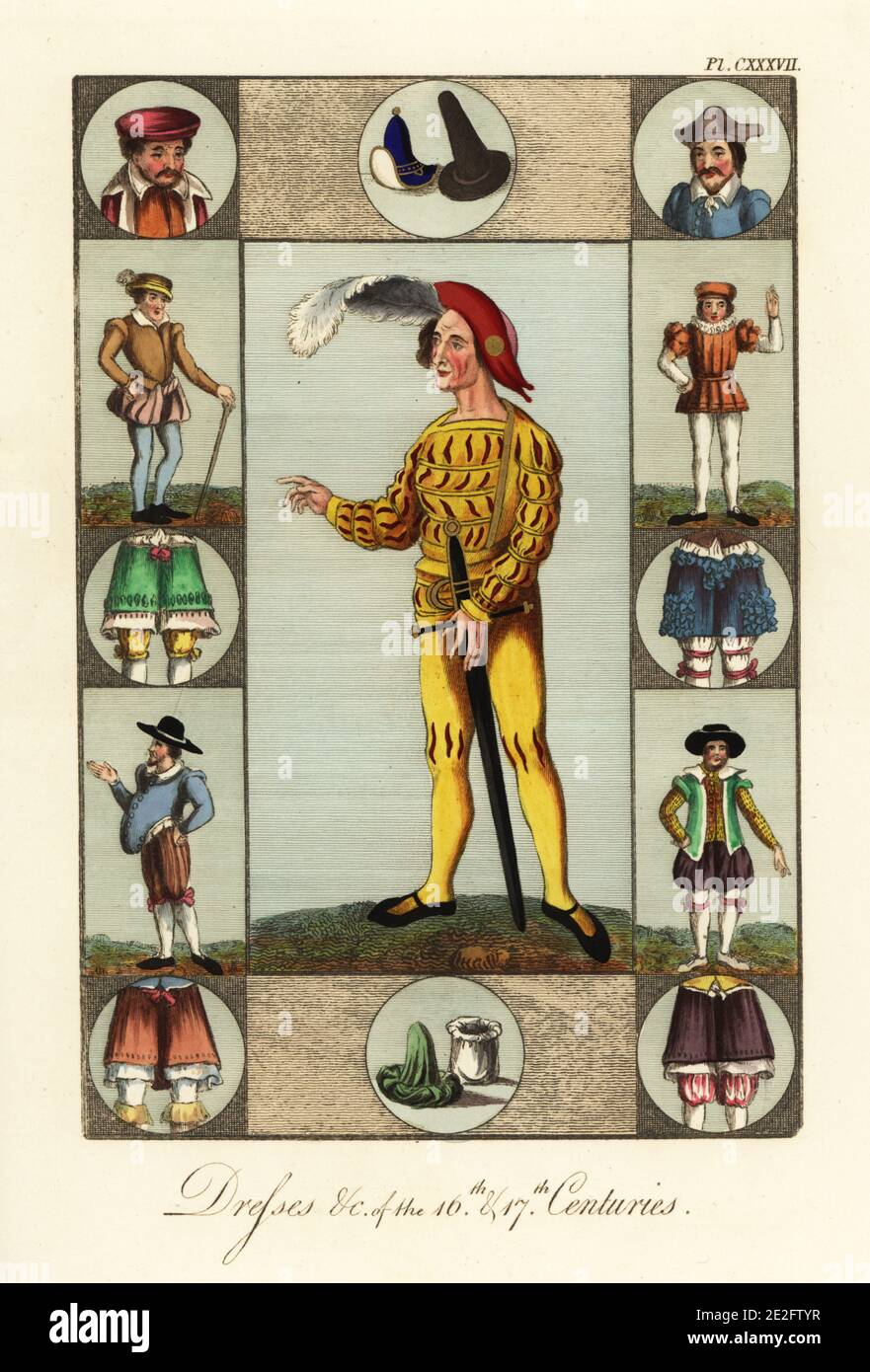 Man in makeup of lipstick and blusher wearing a yellow slashed doublet and hose with feather cap and sword from a painting in St. George’s Chapel at Windsor Castle. Heads and hats from John Bulwer’s Artificial Changeling, other hats, figures and frilled breeches from Harley MS 2014 by Randal Holmes. Dresses of the 16th and 17th centuries. Handcoloured engraving by Joseph Strutt from his Complete View of the Dress and Habits of the People of England, Henry Bohn, London, 1842. Stock Photo