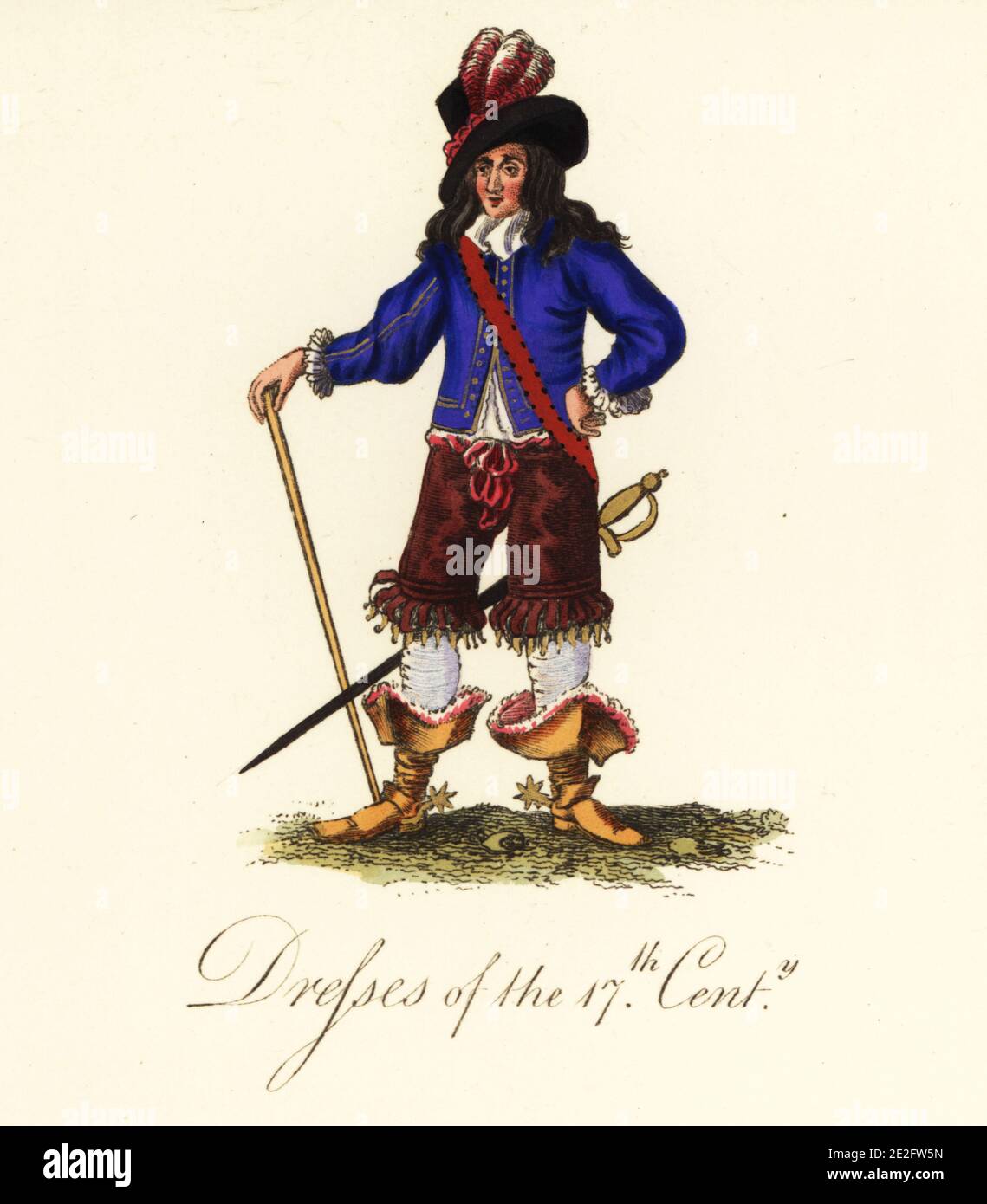 Restoration foppish beau in feathered hat, wig, blue jacket, frilled  breeches, hose and boots, sword and spurs, from an etching by Richard  Gaywood. Dress of the 17th century. Handcoloured engraving by Joseph