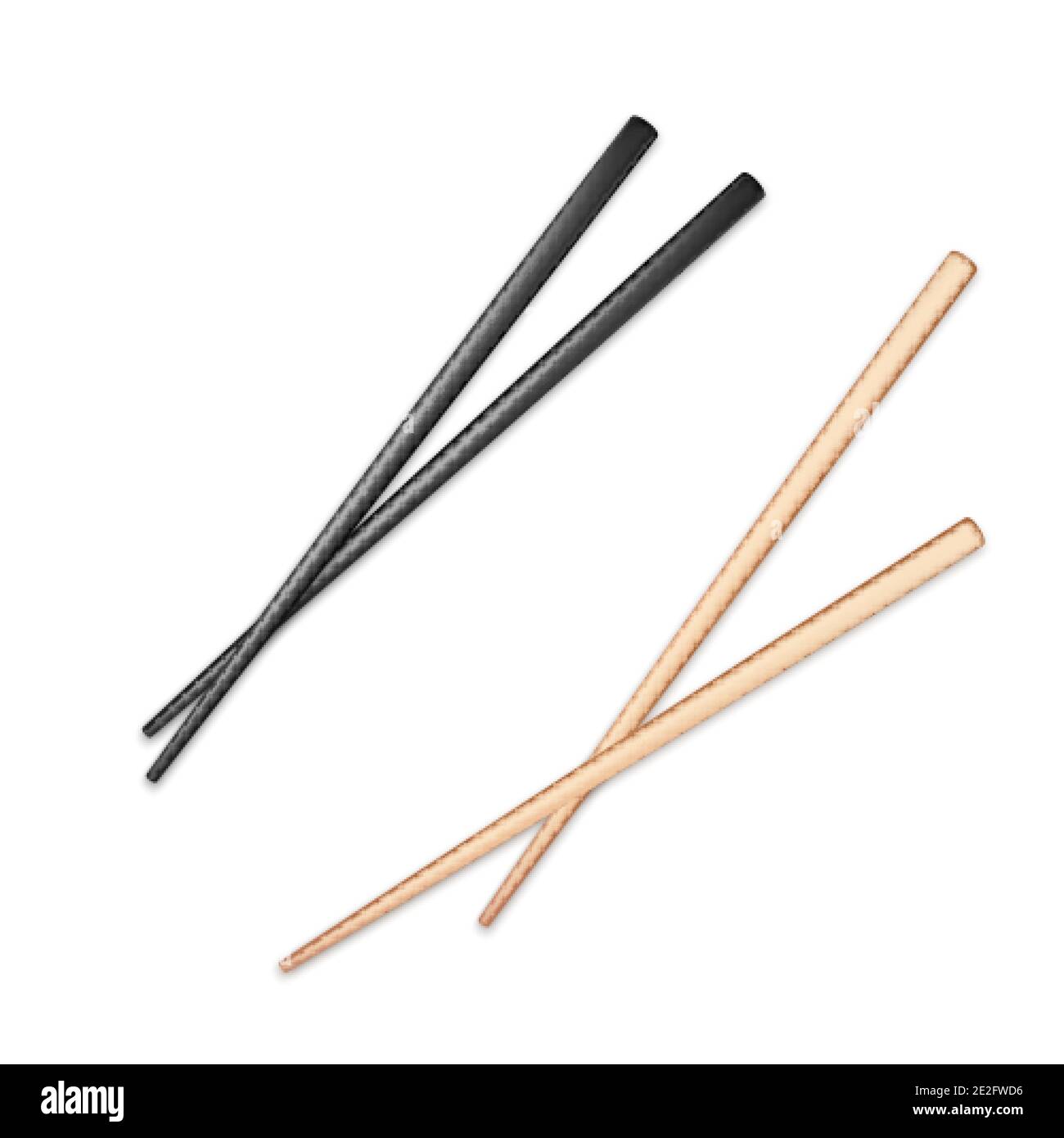 Realistic black and light wooden glossy chopsticks. Chopstick element Asian or oriental traditional culture. Vector isolated on white Stock Vector