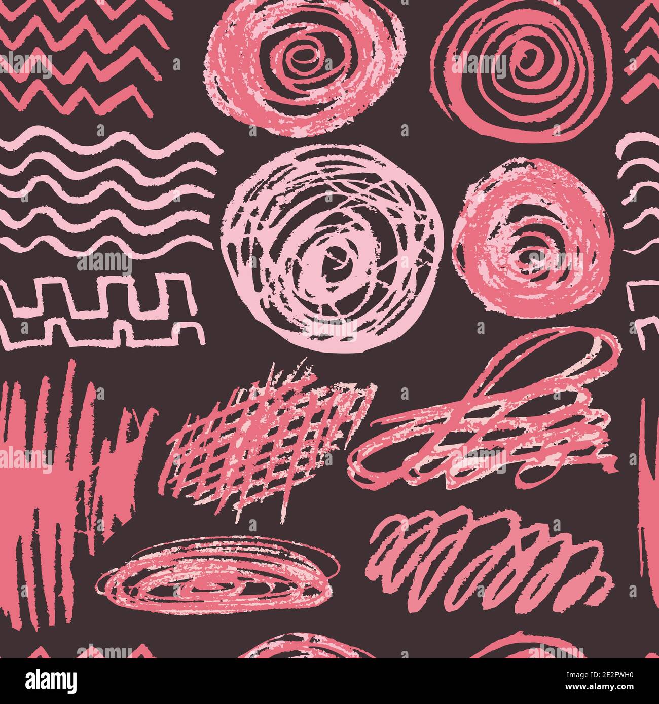 Seamless drawing. Colored wax crayons on black background. Icons. Doodle, sketch. Scribble Stock Vector
