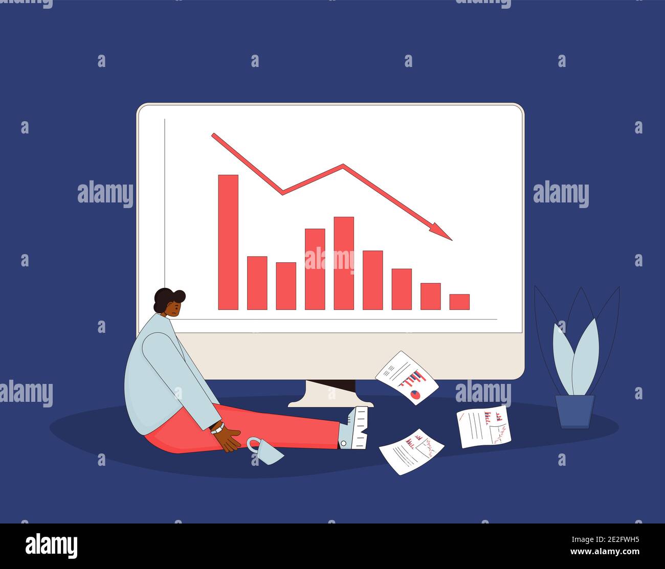Stock market crash. Investor lost money. Disappointed young shareholder sitting on the floor with graph fall down at computer screen. Bankrupt. global Stock Vector