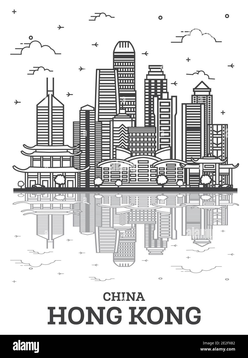 Outline Hong Kong China City Skyline with Modern Buildings and ...