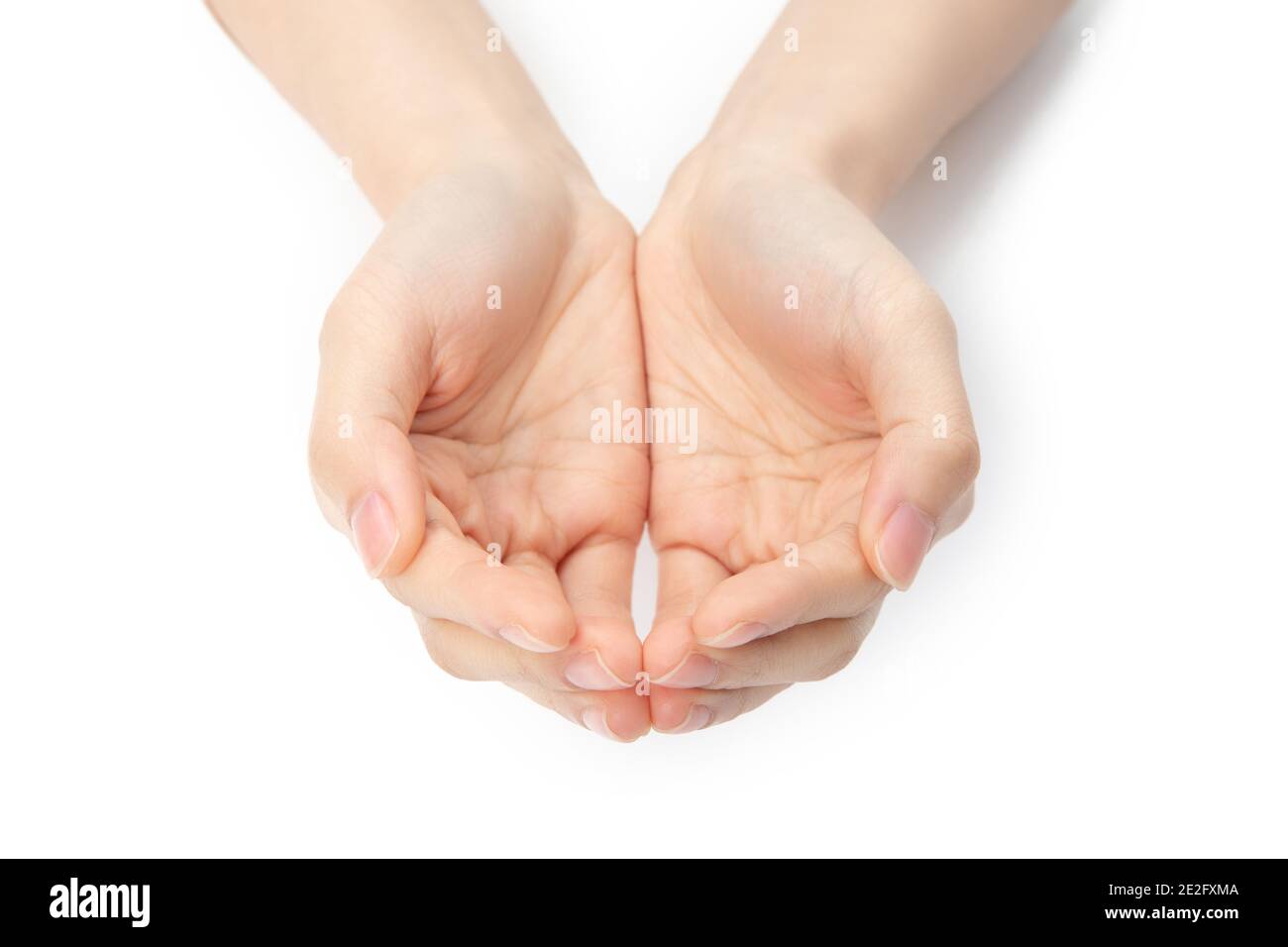 Closeup shot of hands in a begging gesture isolated on a white background Stock Photo
