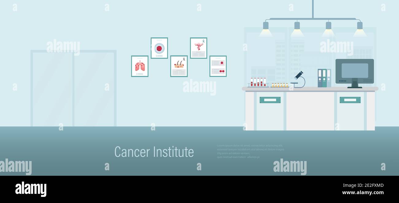 Cancer institute banner with counter and waiting area flat design vector illustration Stock Vector