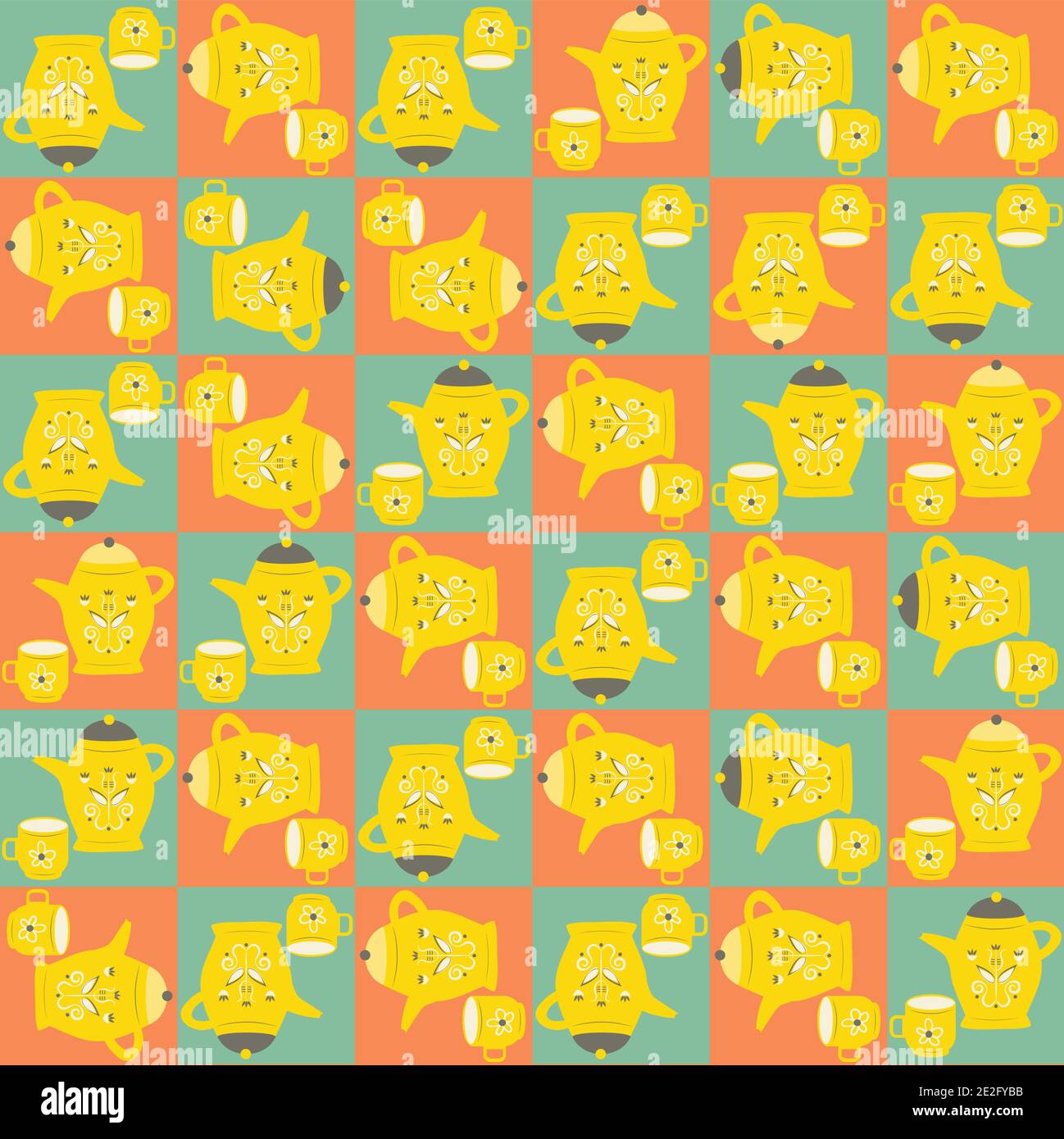 Vector breakfast utensil seamless pattern background Checkered blue orange backdrop with scandi style coffee pots and cups. Mid century crockery Stock Vector