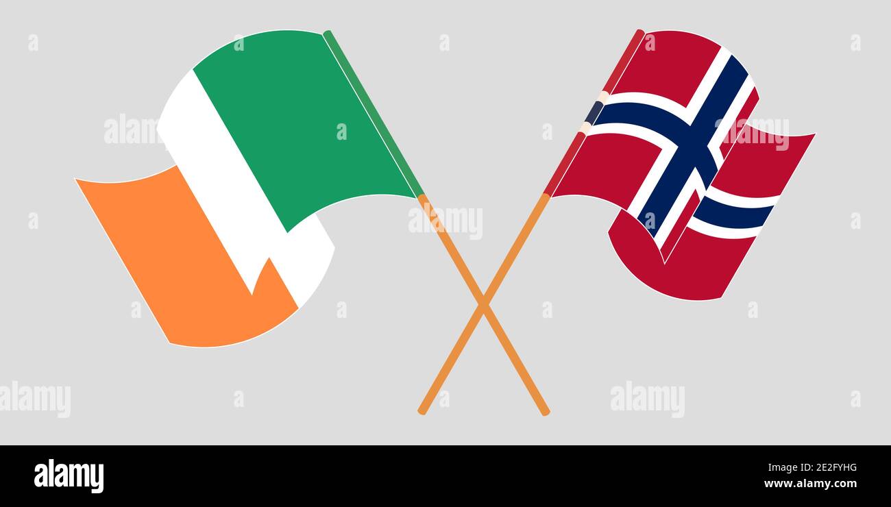 Crossed and waving flags of Ireland and Norway. Vector illustration Stock Vector