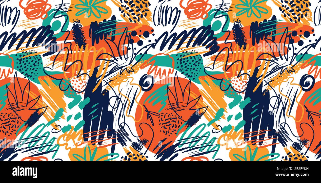 Abstract seamless patterns with hand drawn textures in memphis style. Stock Vector