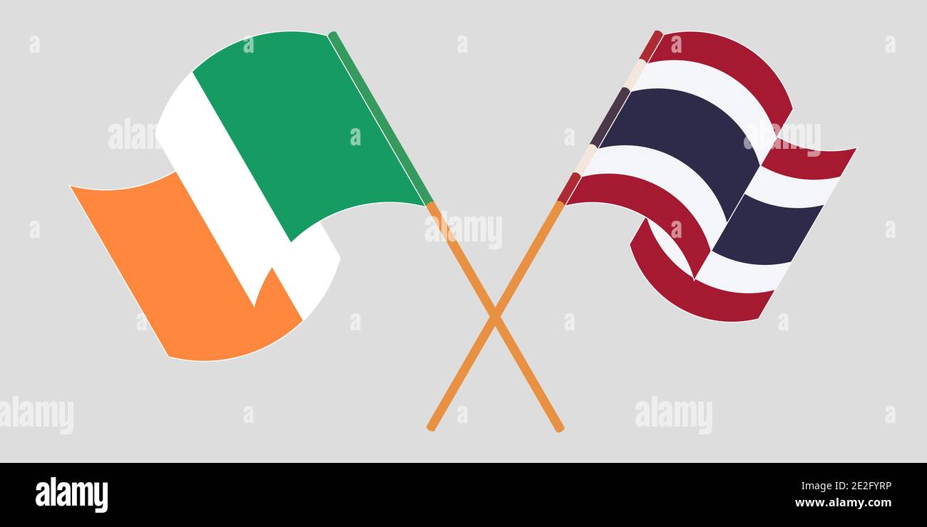 Crossed and waving flags of Ireland and Thailand. Vector illustration Stock Vector