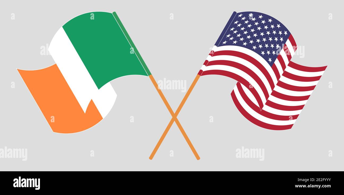 Crossed and waving flags of Ireland and the USA. Vector illustration