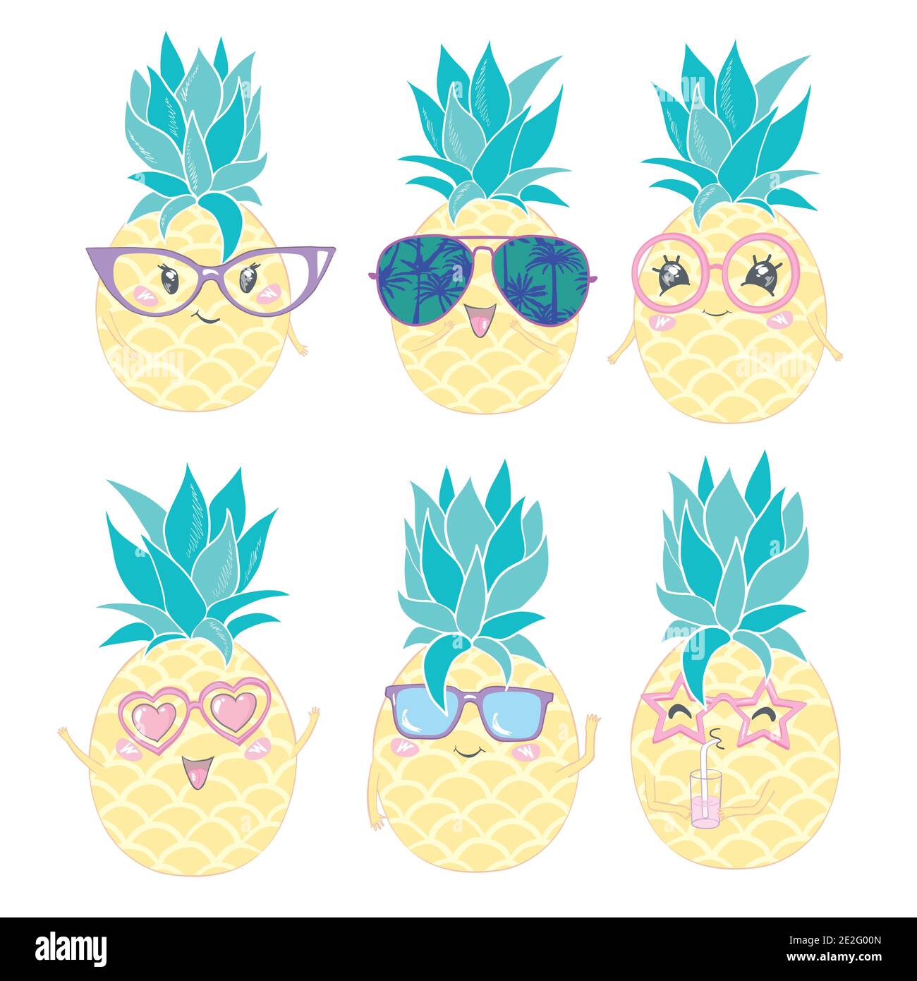 Group of five pineapples wearing different styles of sunglasses Stock Vector