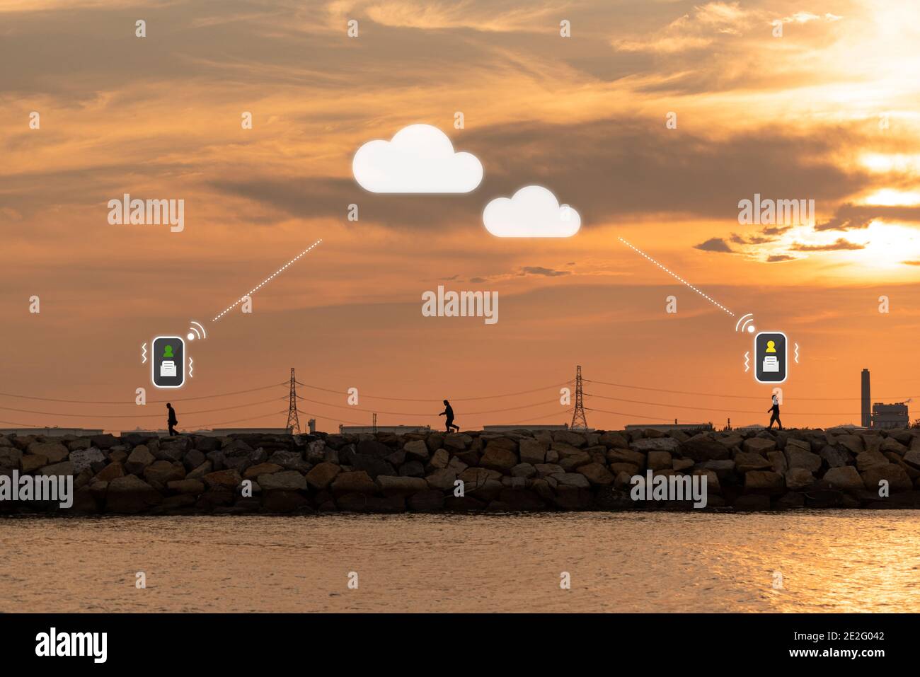 iot mobile application message send to reciever by cloud medium to another destination Stock Photo