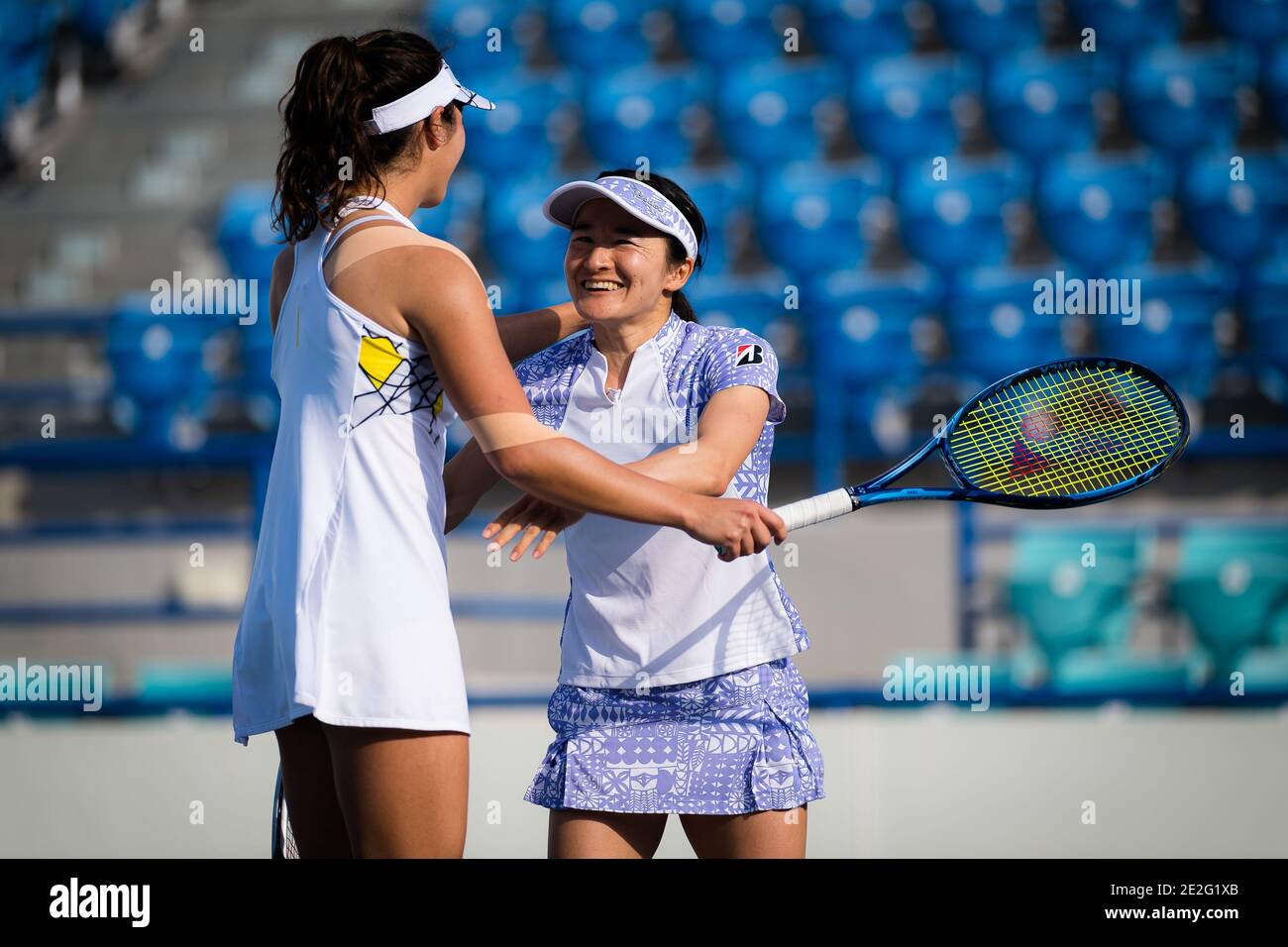 Shuko Aoyama and Ena Shibahara of Japan celebrate during the doubles final  of the 2021 Abu Dhabi WTA Women&#039;s Tennis Open WTA / LM Stock Photo -  Alamy