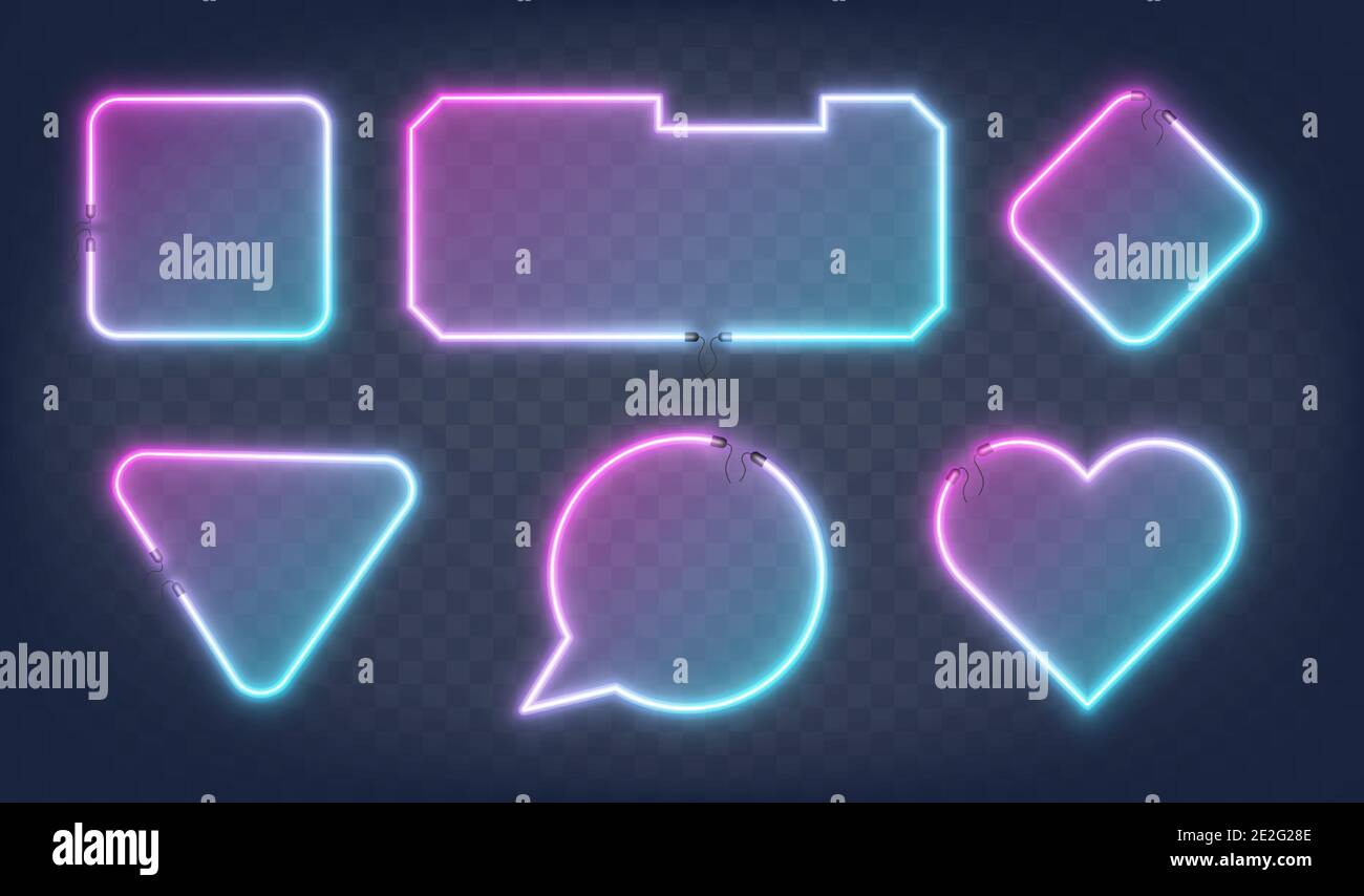 Set of realistic glowing different shapes neon frames isolated on transparent background. Shining and glowing neon effect. Every frame is separate Stock Vector