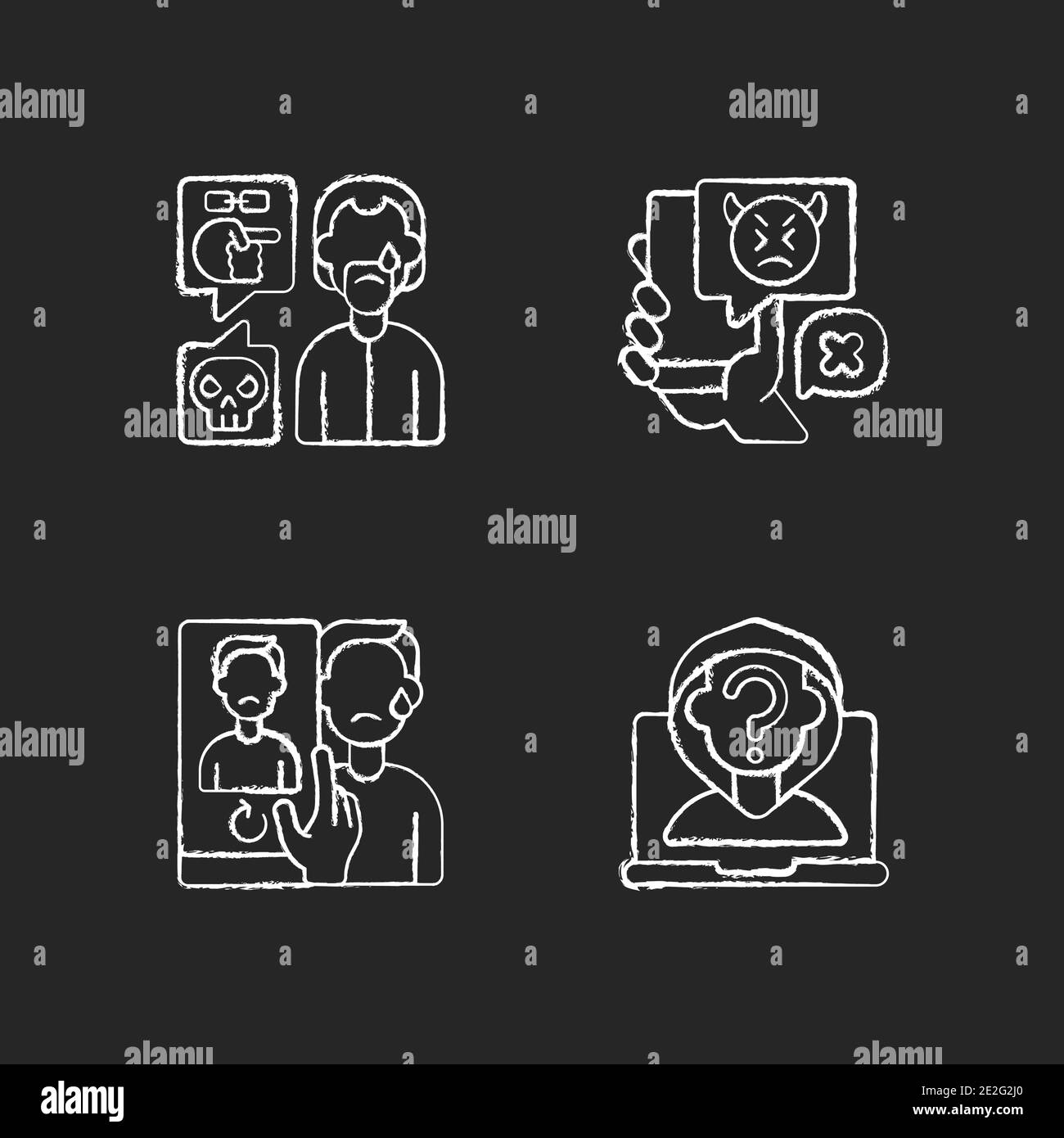 Cyberbullying and discrimination chalk white icons set on black ...
