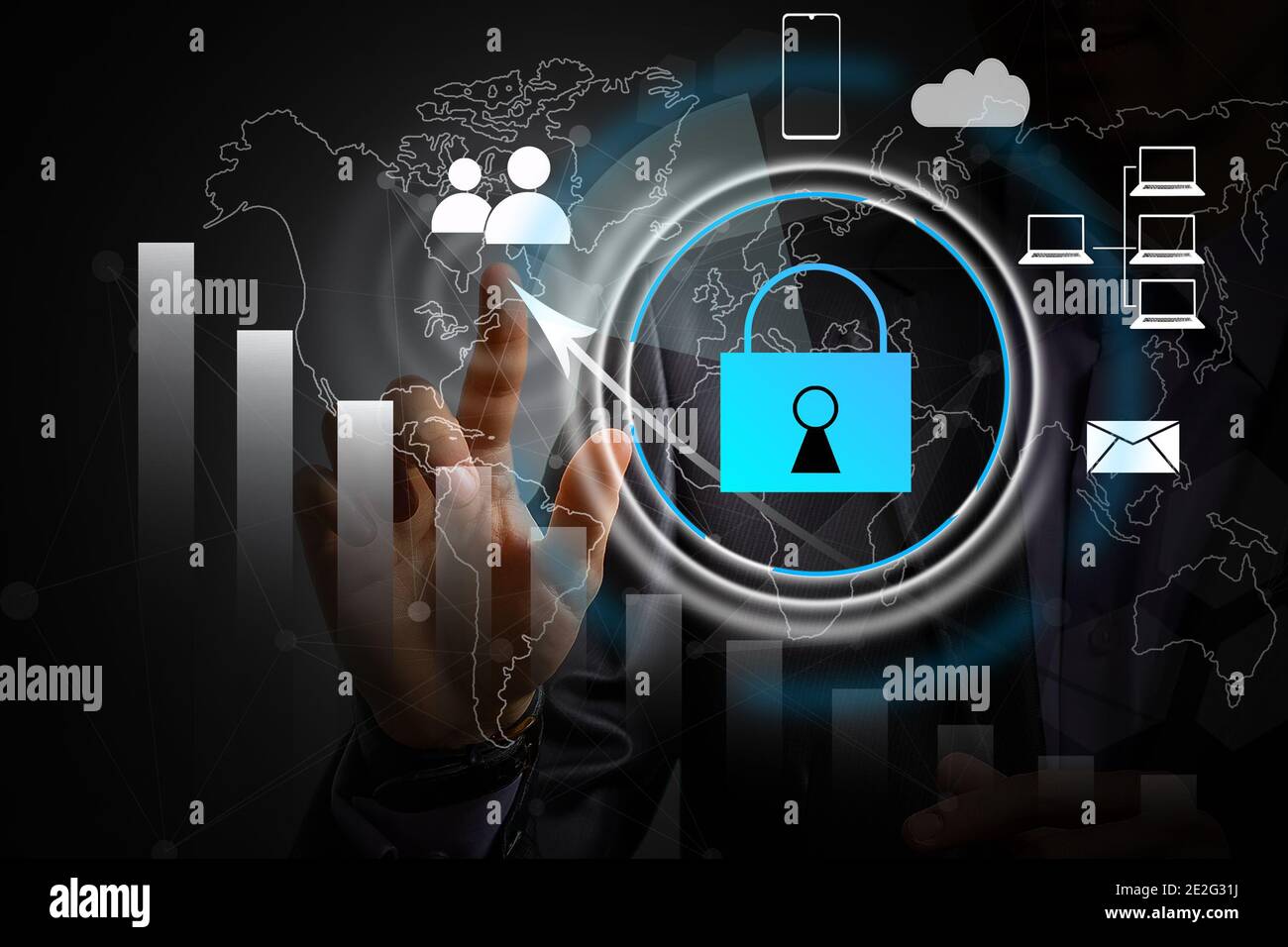 Cyber security network concept. Hand using smartphone with master key ...
