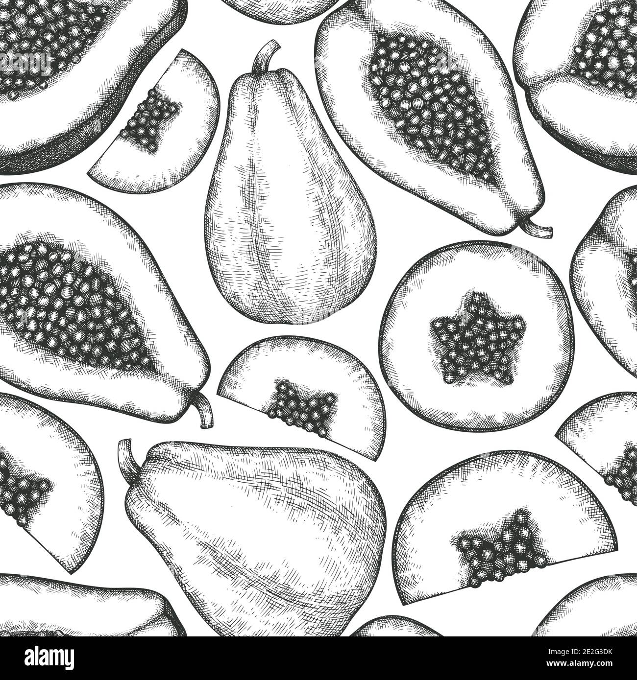 Hand drawn sketch style papaya seamless pattern. Organic fresh fruit ...