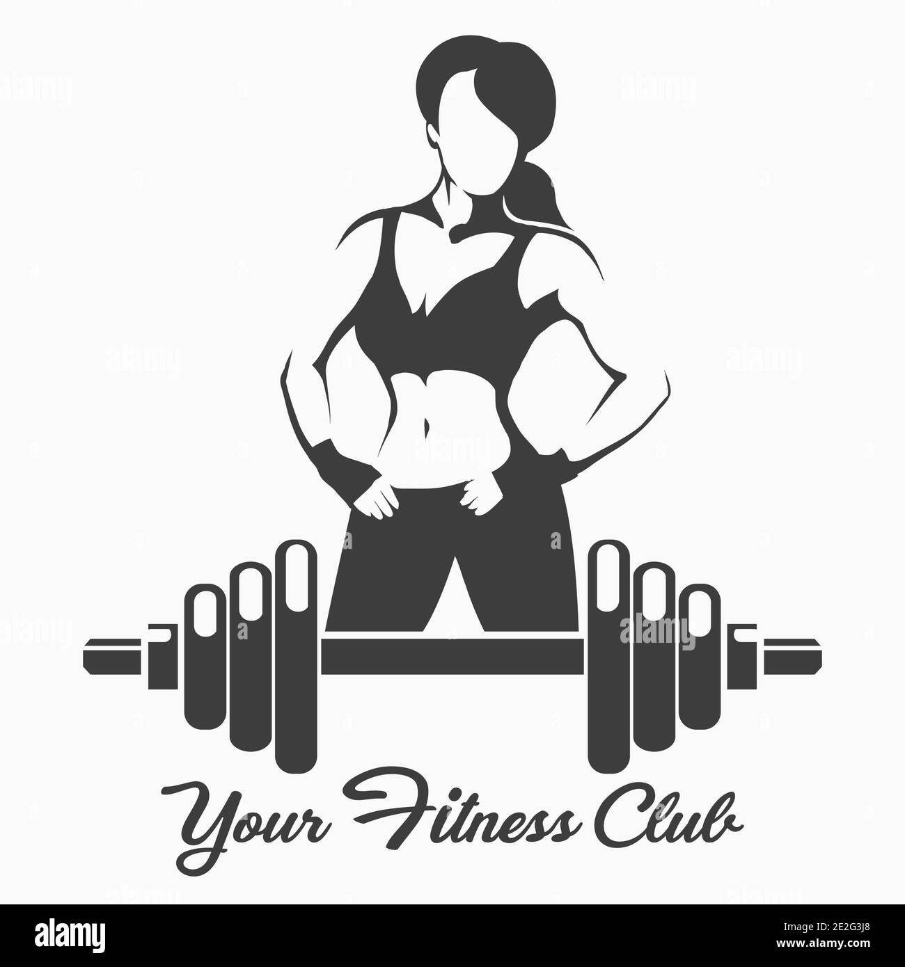 Fitness  logo or Emblem with Posing Sporty Woman and dumbbell. Vector illustration. Stock Vector