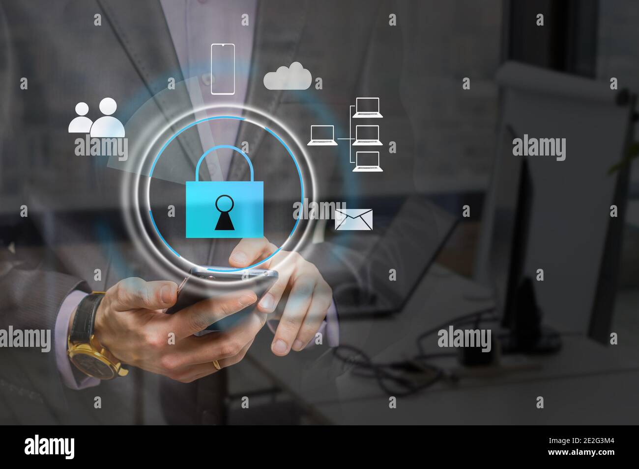 Cyber security network concept. Hand using smartphone with master key ...