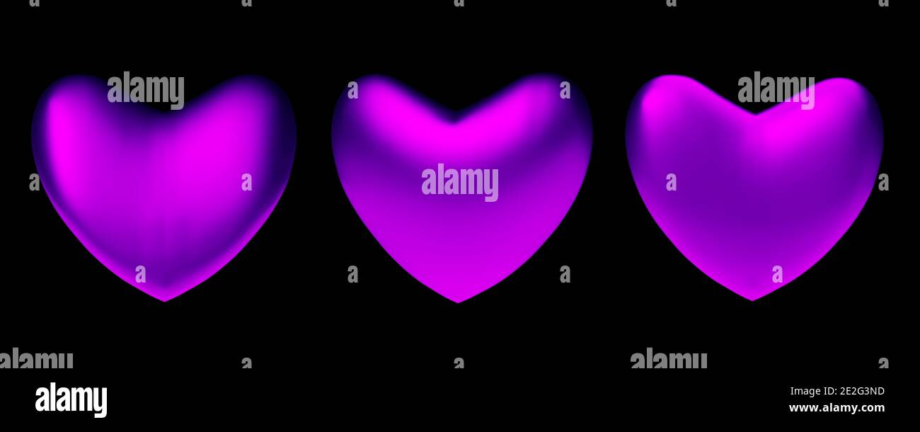 Set of 3 Purple hearts on a black dark background. 3D rendering Stock Photo