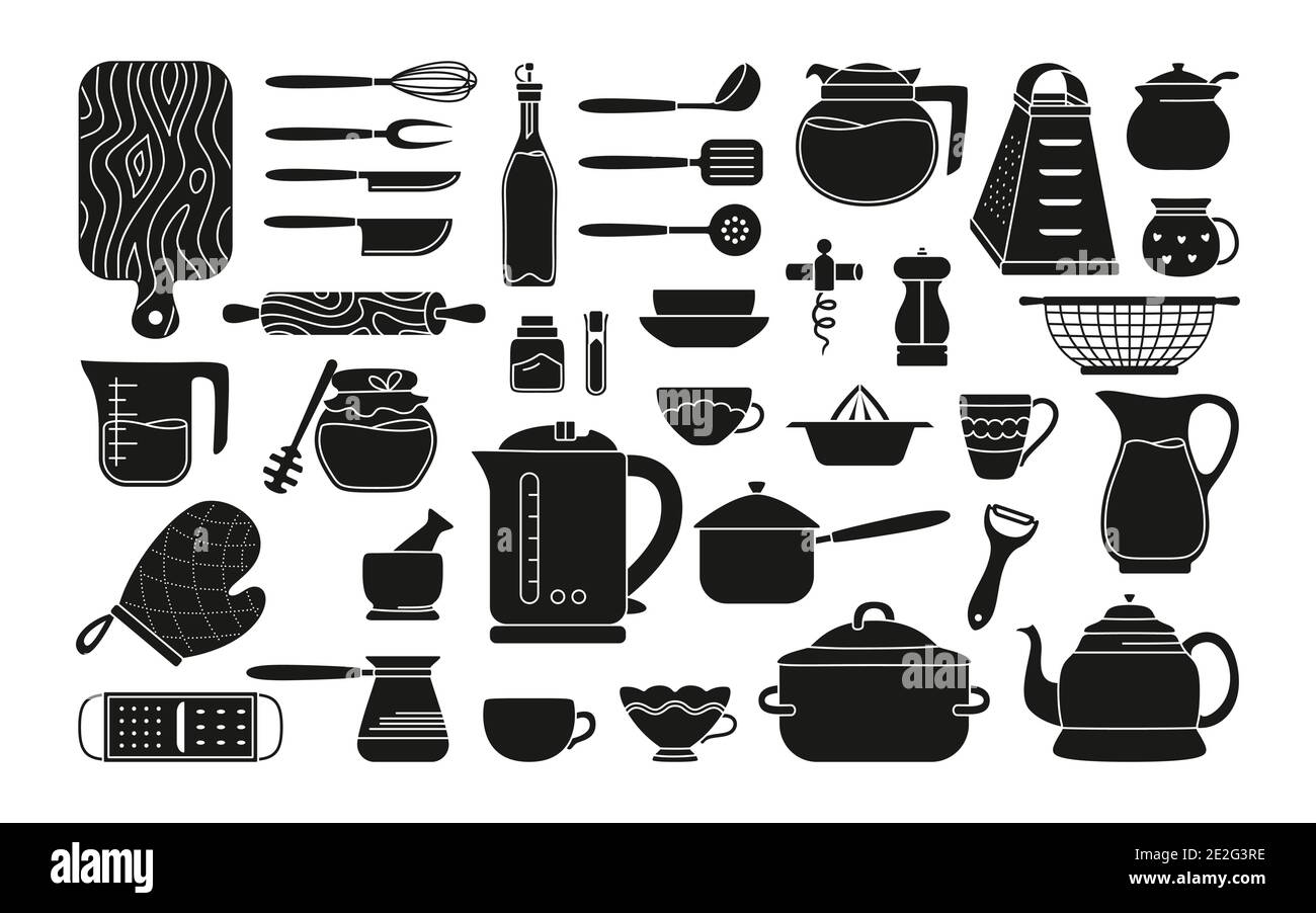 Kitchenware and utensils black glyph set. Modern kitchen tool cooking