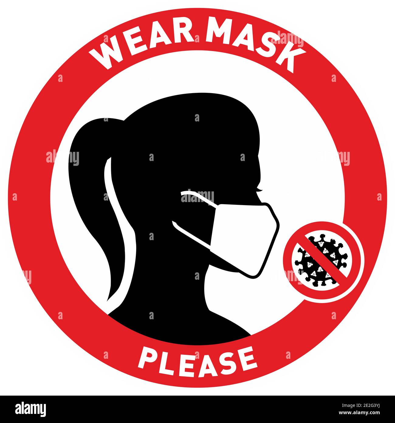 Vector attention sign, please wear face mask, in flat style. woman face silhouette Stock Vector