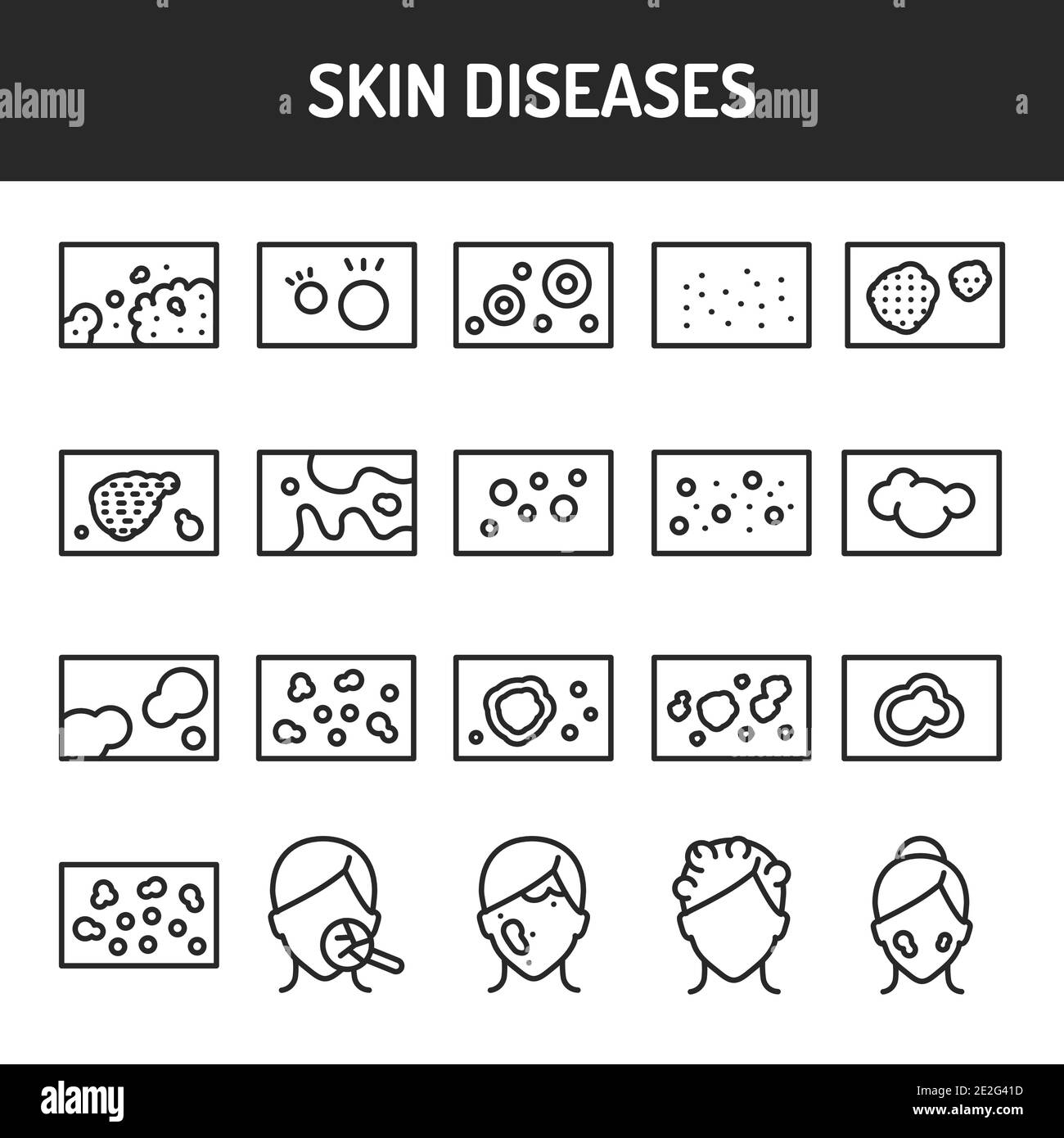 Skin diseases black line icons set. Isolated vector element. Outline pictograms for web page, mobile app, promo Stock Vector
