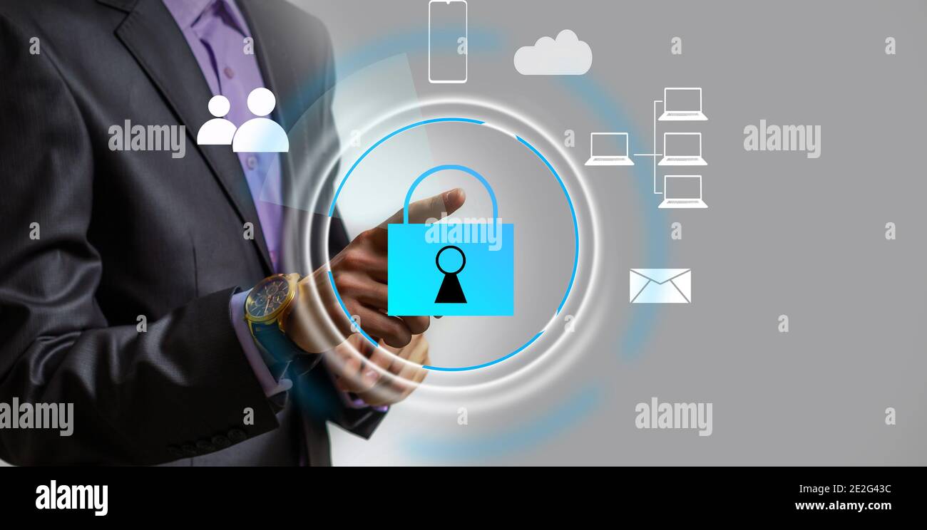 Cyber security network concept. Hand using smartphone with master key ...