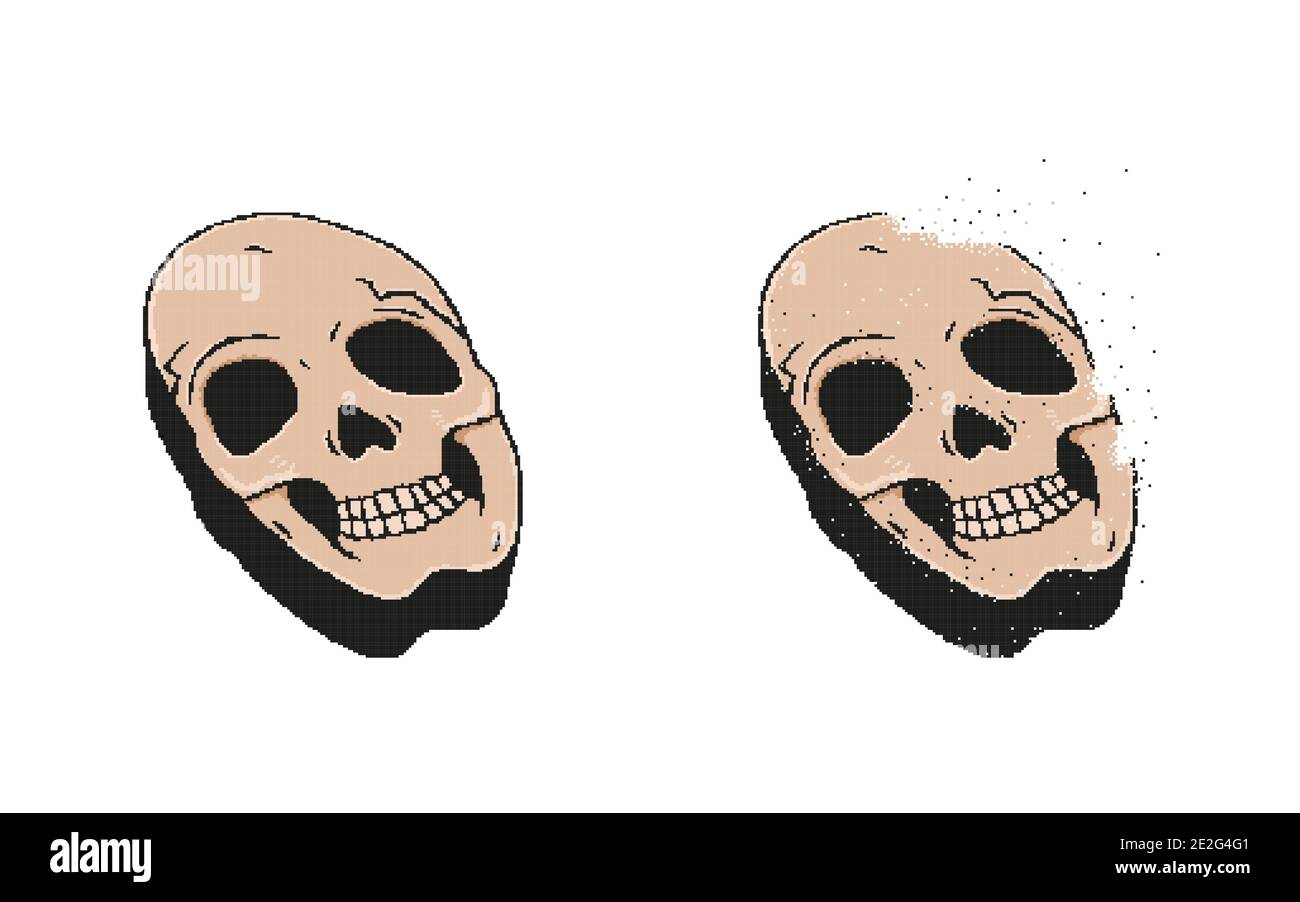 Isometric human skull pixel art isolated on white background Stock Vector