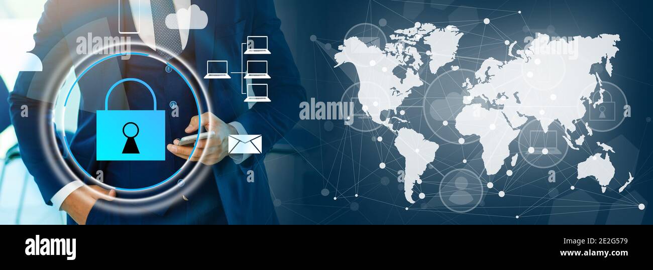 Cyber security network concept. Hand using smartphone with master key connect world networking virtual graphic and binary coded background. Stock Photo