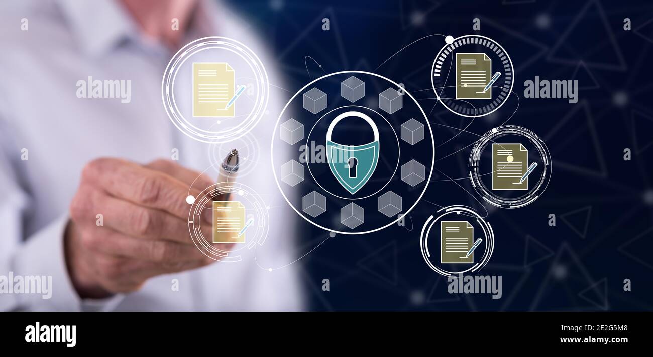 Man touching a data protection concept on a touch screen with a pen ...