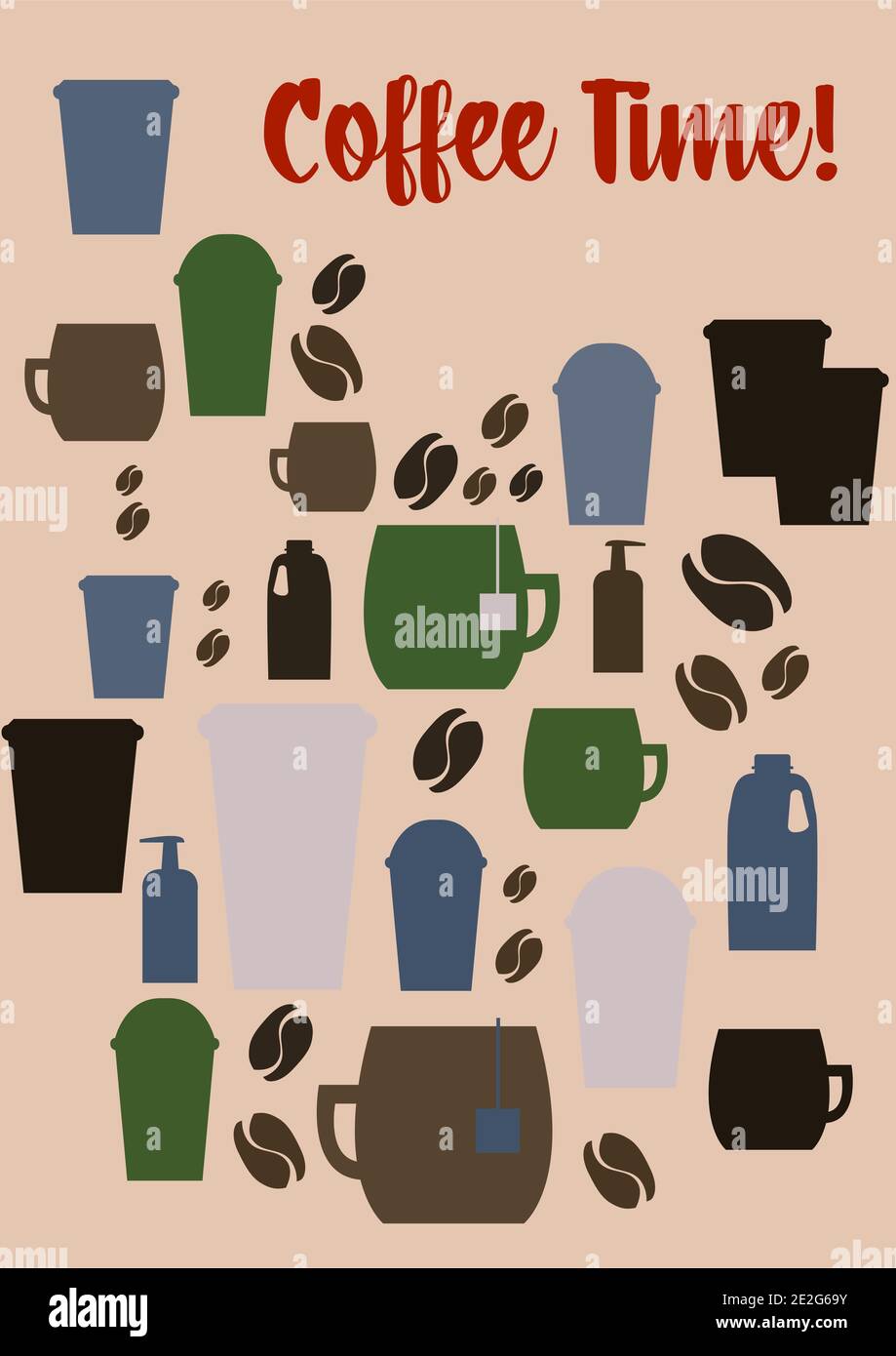 Coffee time! Vector drawing converted to jpg of different cup and mugs with milk box and aroma pump. Beautiful cafe decoration and menu with bevareges Stock Photo