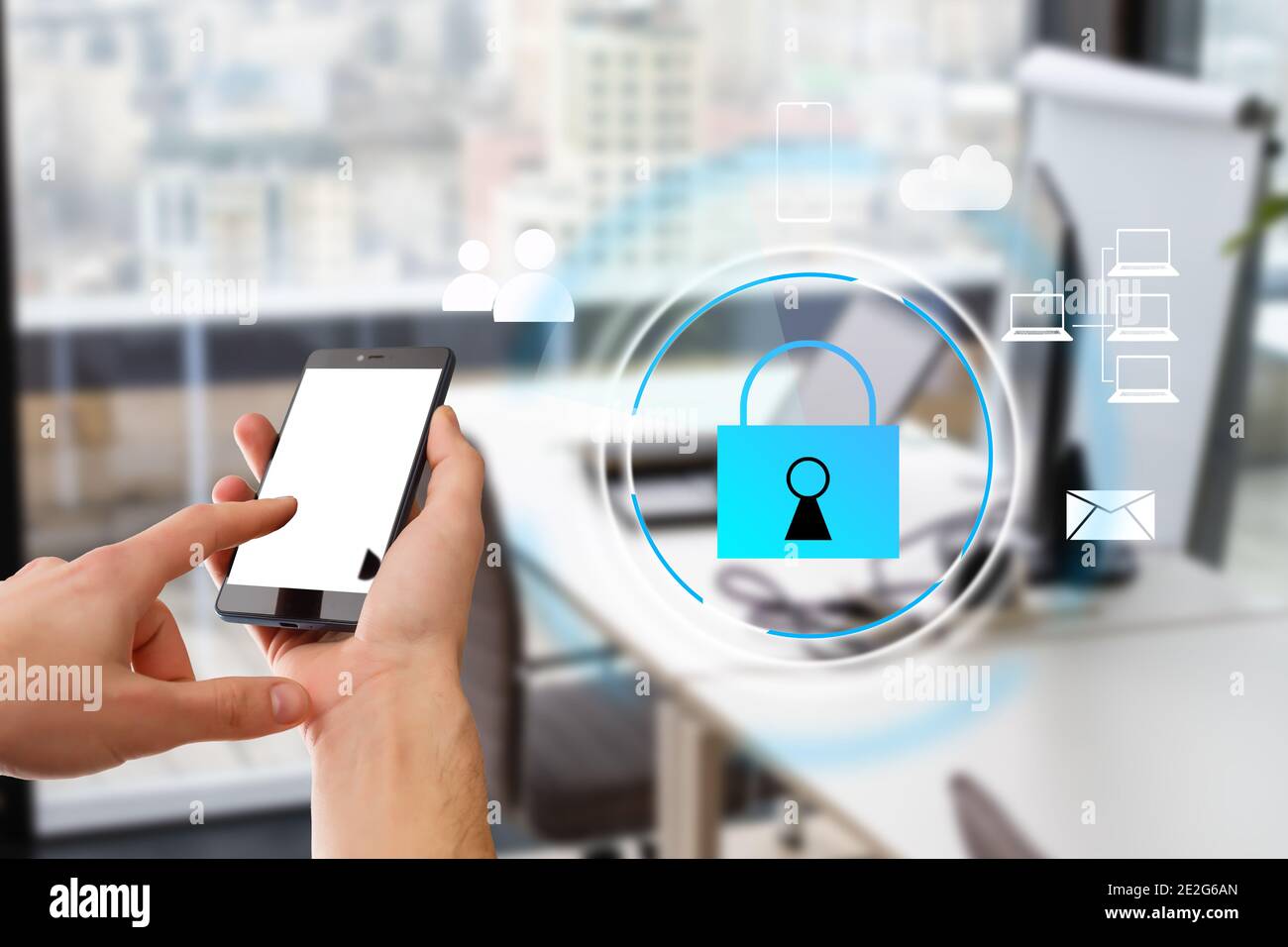 Cyber security network concept. Hand using smartphone with master key ...