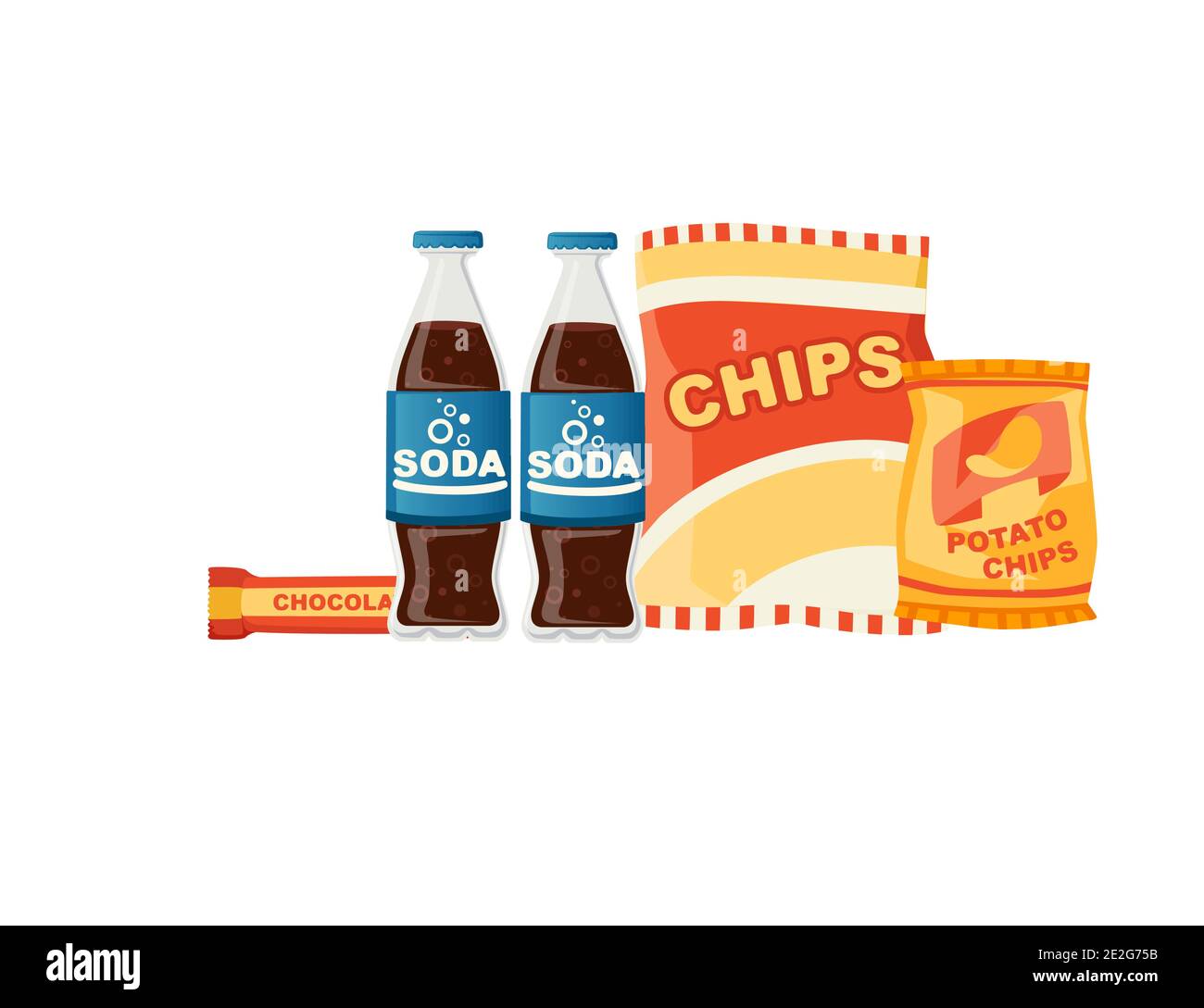 Soda potato chips and chocolate bar snack product set flat vector