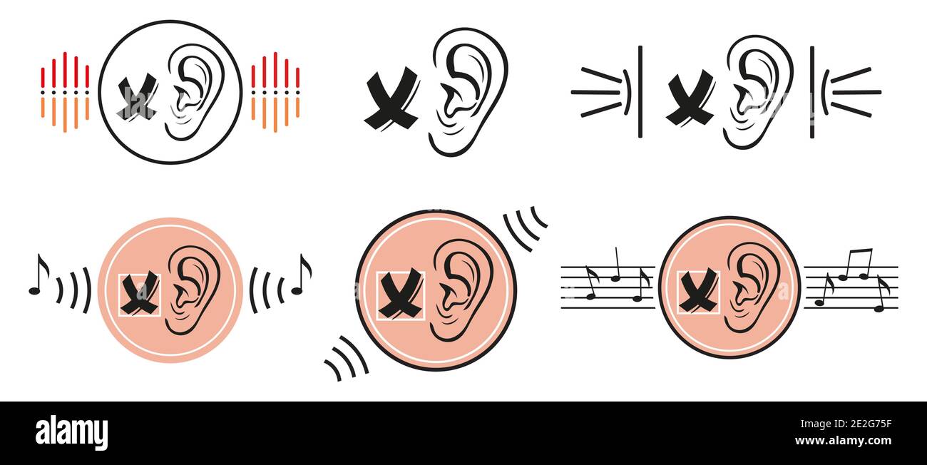 Deafness lack of hearing icon set. No sound. Human ear does not hear, silence. Impairment of sensory perception. Disability and aid deaf. Flat vector Stock Vector