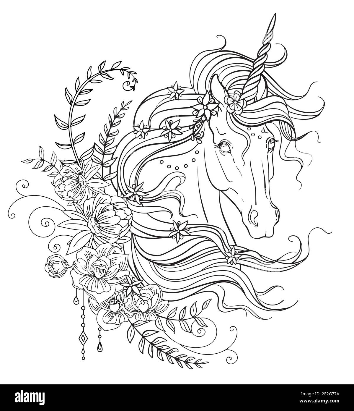 Download Drawing Isolated Unicorn With Long Mane And Floral Composition Tangle Style For Adult Coloring Book Tattoo T Shirt Design Logo Sign Stylized Ill Stock Vector Image Art Alamy