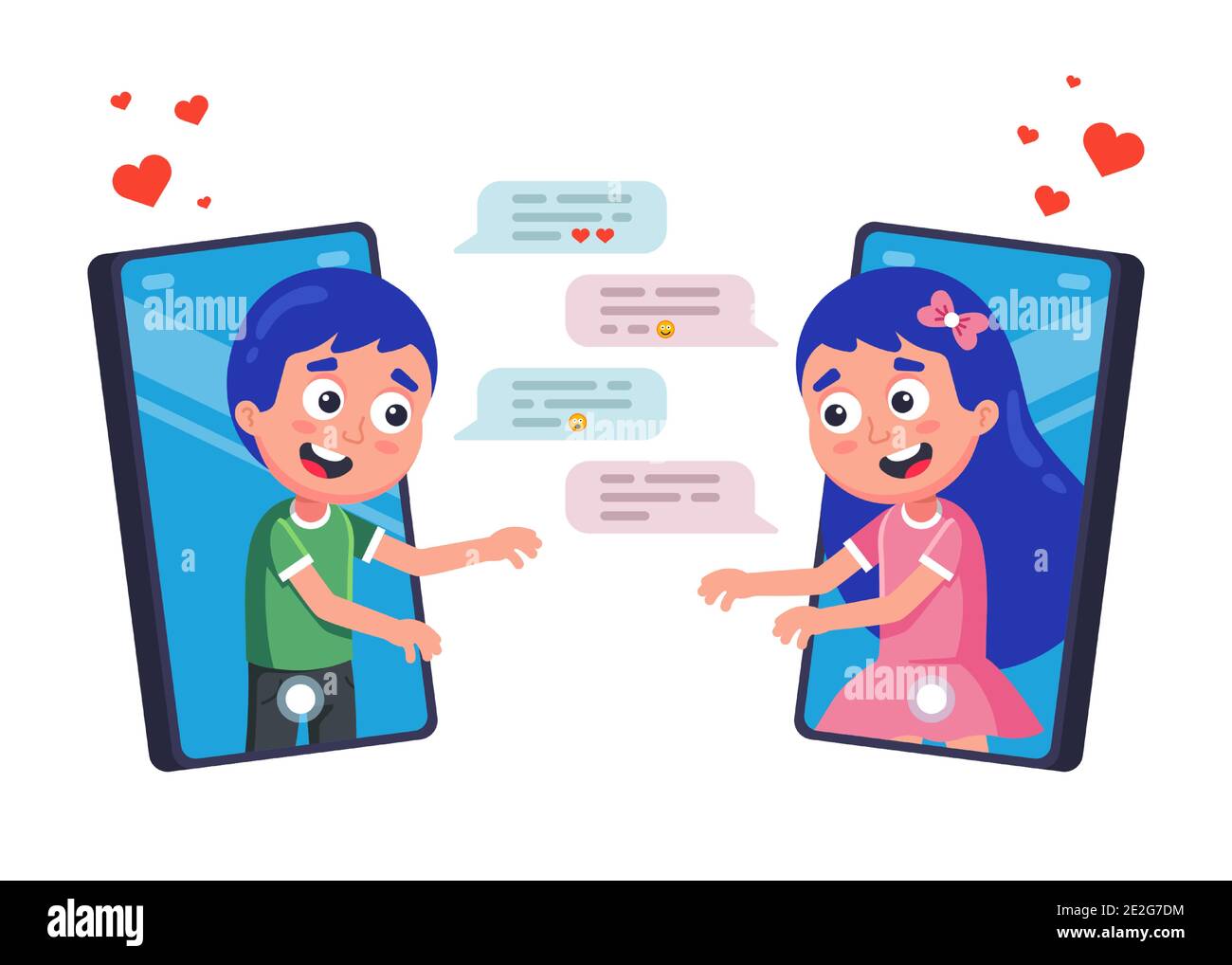 correspondence of lovers in the messenger for Valentine's Day. romance at a distance. flat vector illustration. Stock Vector