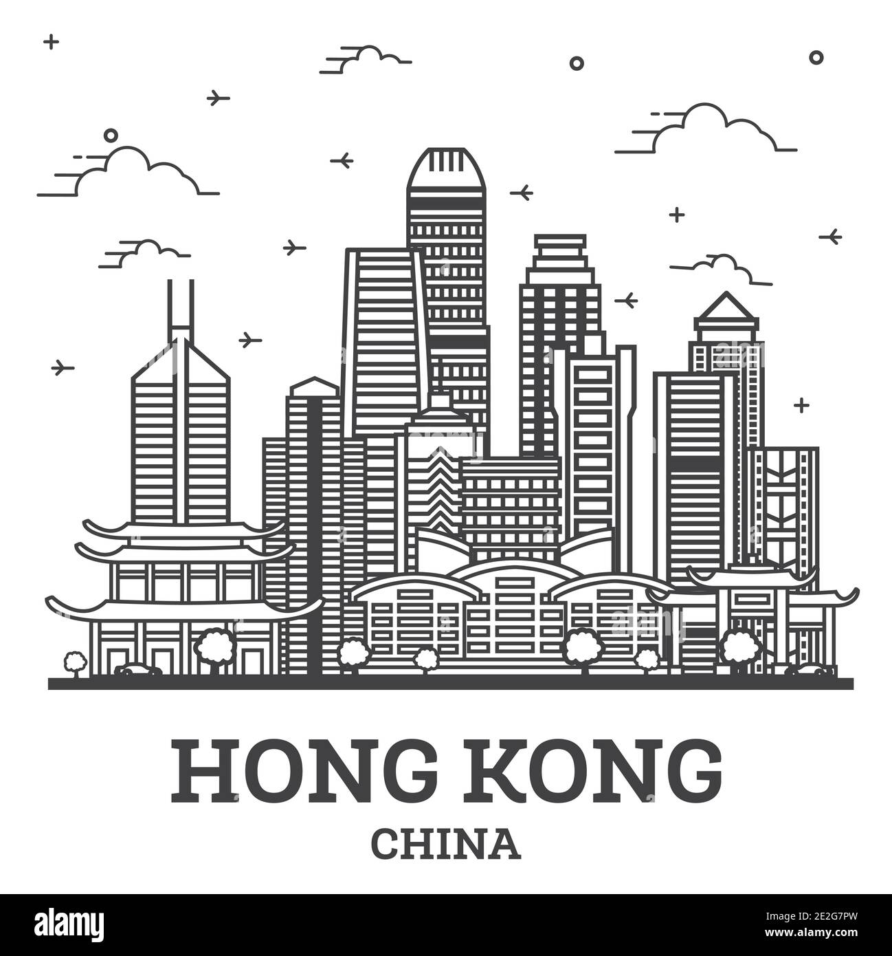 Outline Hong Kong China City Skyline With Modern Buildings Isolated On