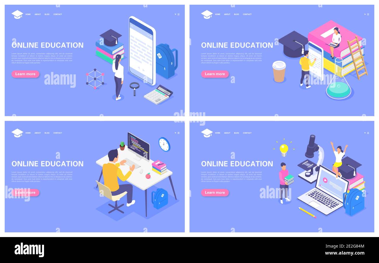 Online education concept set of banners. Distance learning students or ...