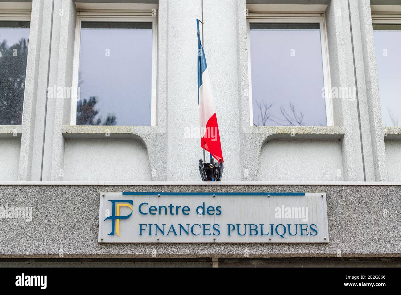 Calais, France - January 13,2020 : French public finances logo on a pole. The public Finance is a branch of the French Central Public Administration u Stock Photo