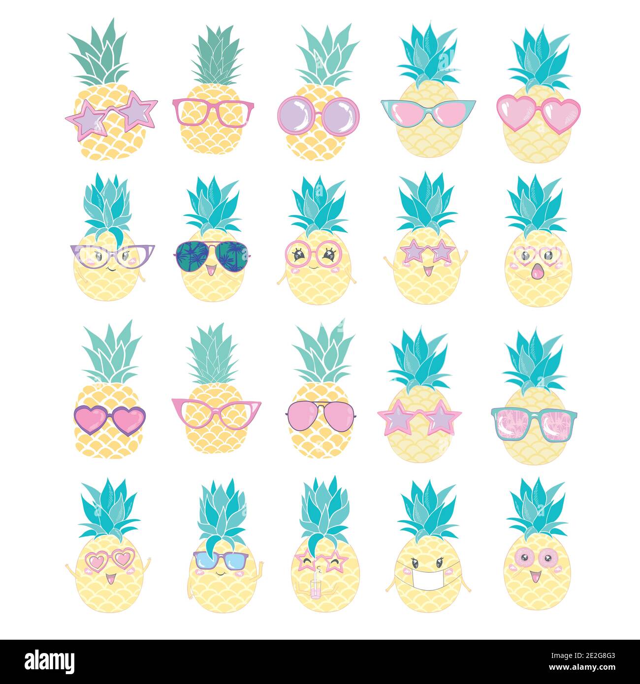 Group of five pineapples wearing different styles of sunglasses Stock Vector