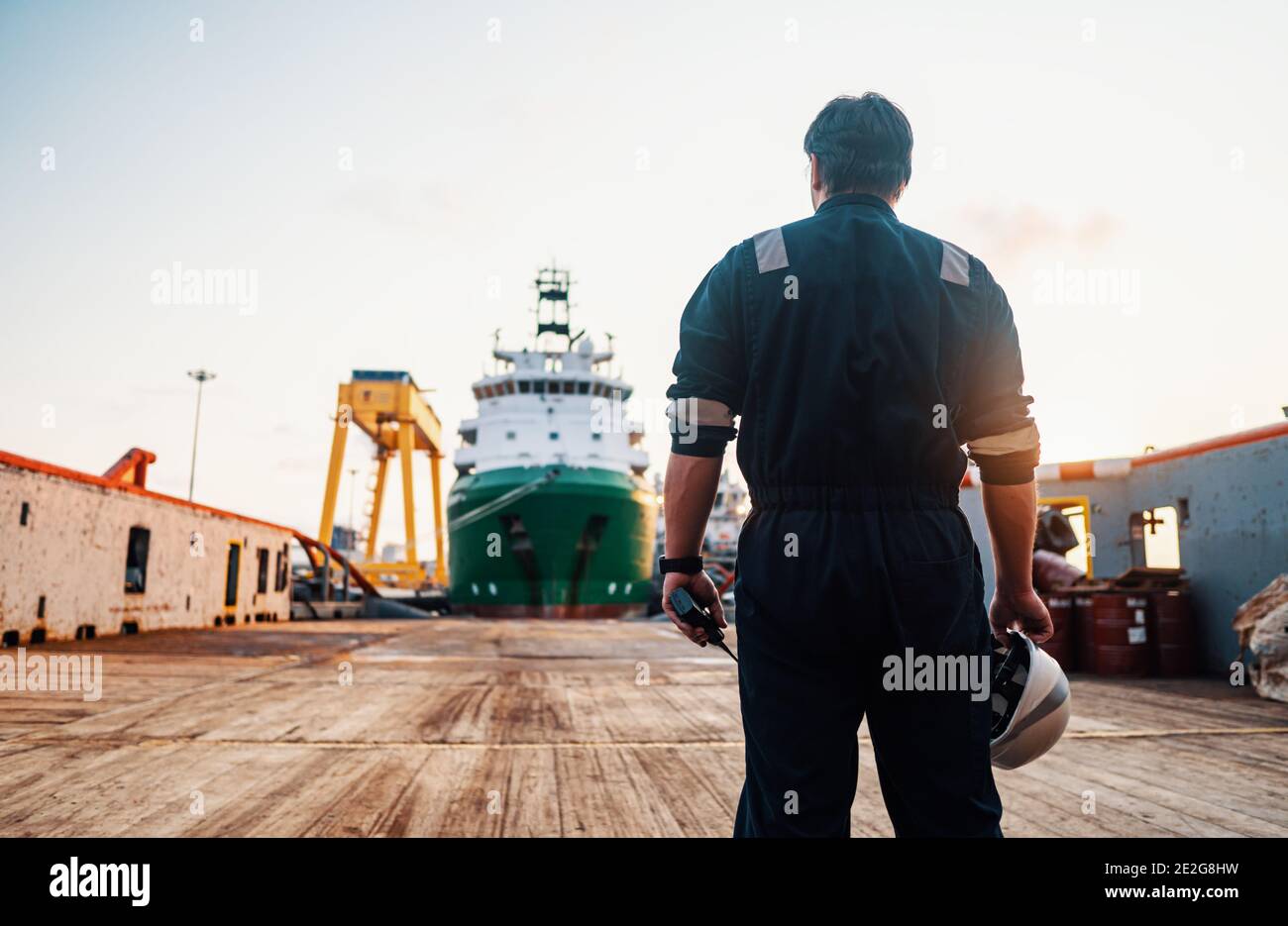 Marine Deck Officer or Chief mate on deck of offshore vessel or ship Stock Photo